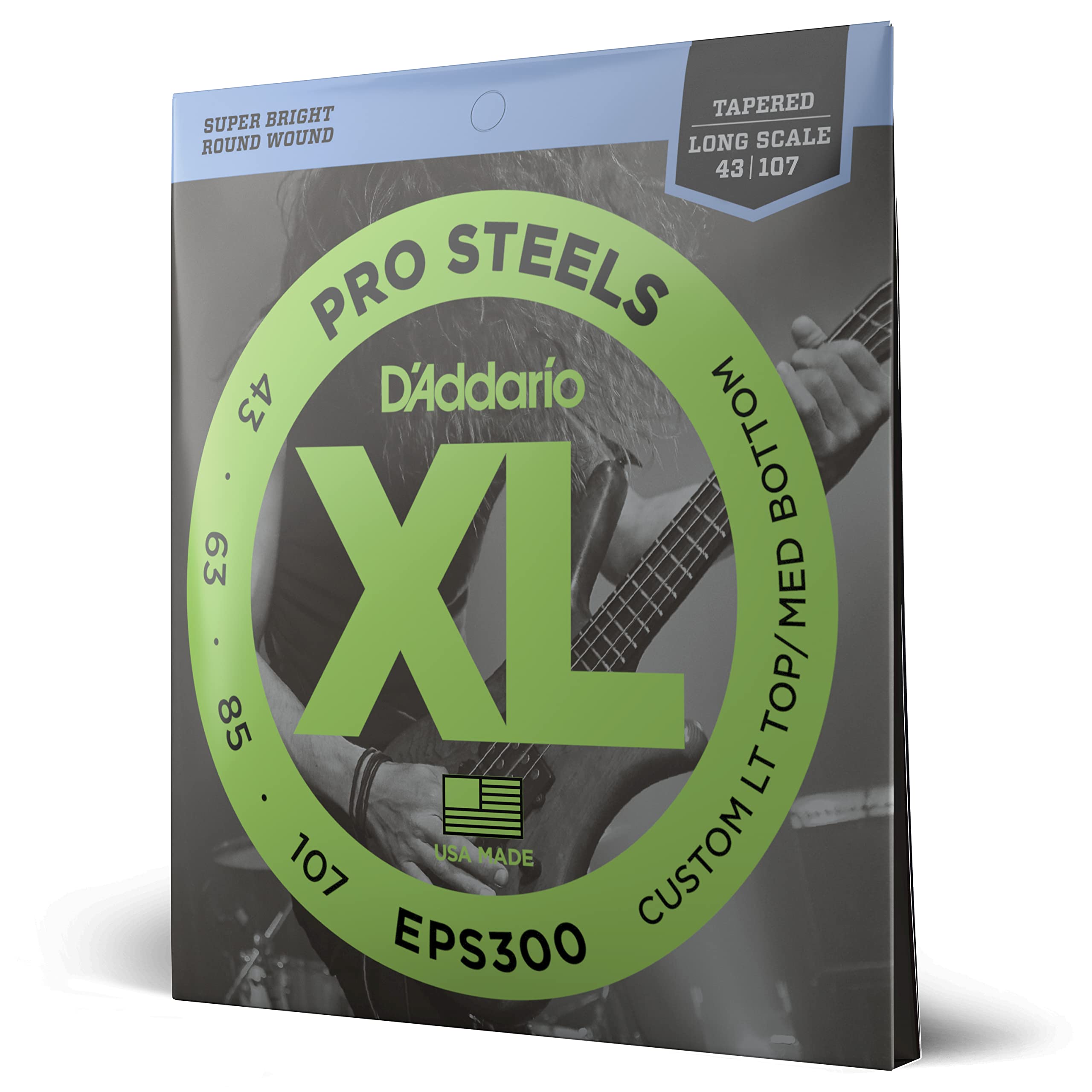 D'Addario Bass Guitar Strings, Xl Pro Steels, Eps300, Long Scale, Custom Light Top/Medium Bottom Gauge 43 107, Tapered, 4 String