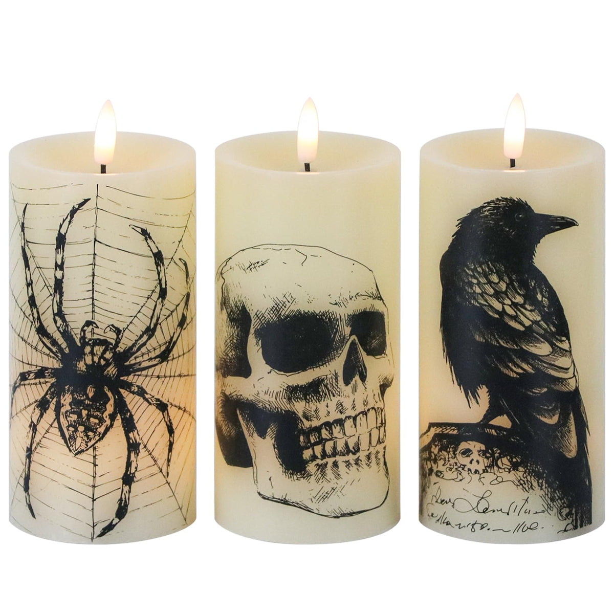 Eldnacele Halloween Flickering Candles Remote With Skull, Spider Web, Crow Raven Decals Set Of 3, Battery Operated Halloween The