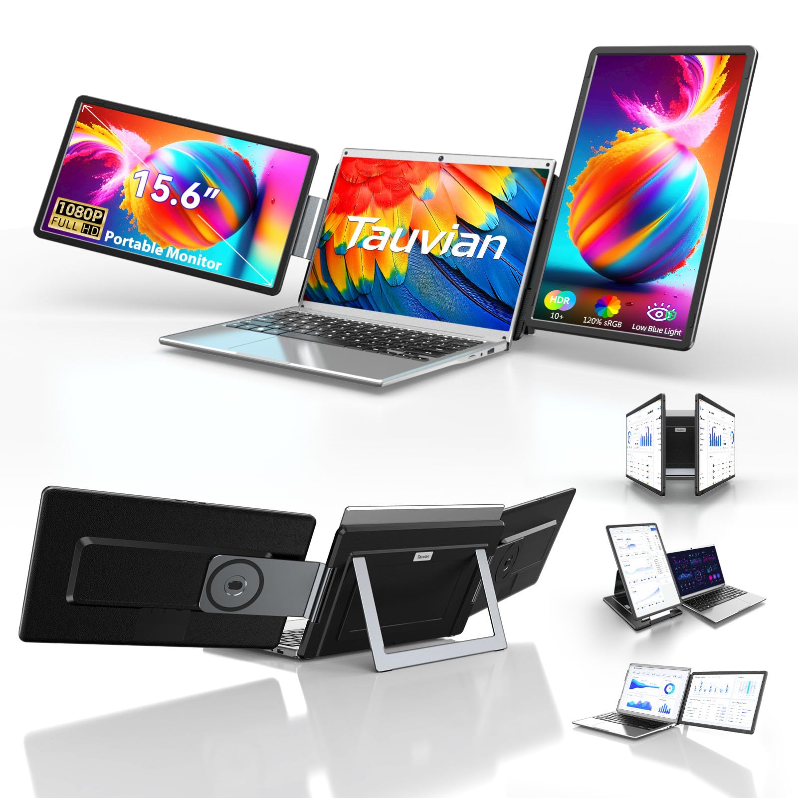 Tauvian 15.6 Laptop Screen Extender, FHD 1080P IPS Portable Triple Monitor for Laptops 13.3-17.3, USB-C/HDMI Plug & Play, 120% s