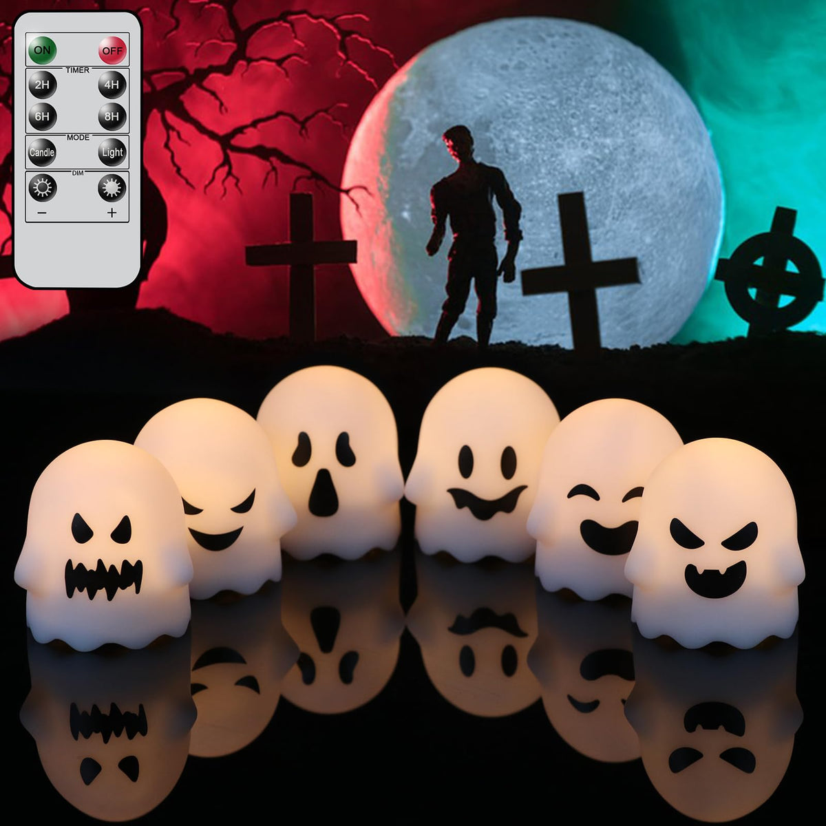 Genswin Halloween Flameless Candles Flickering With Remote Timer, Battery Operated Led Candles Ghost Shaped Spooky Looking Hallo