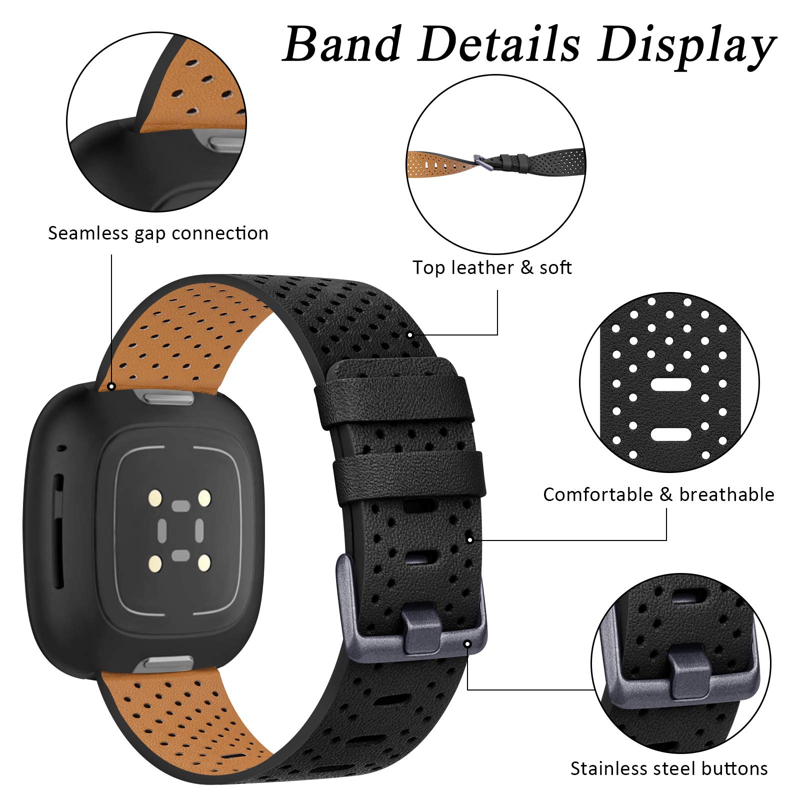 Yiled Leather Bands Compatible With Fitbit Sense And Fitbit Versa 3 For Women Men, Classic Genuine Leather Wristband For Fitbit