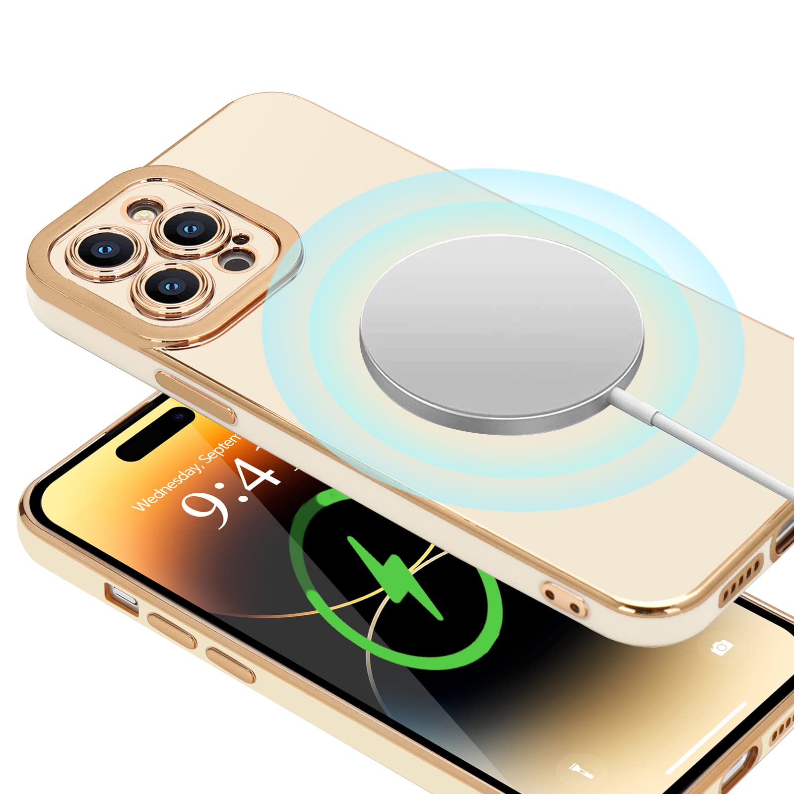 Lafunda For Iphone 14 Pro Case Cute, Women Girls Aesthetic Bling Full Camera Lens Protection Cover,Luxury Electroplated Plating