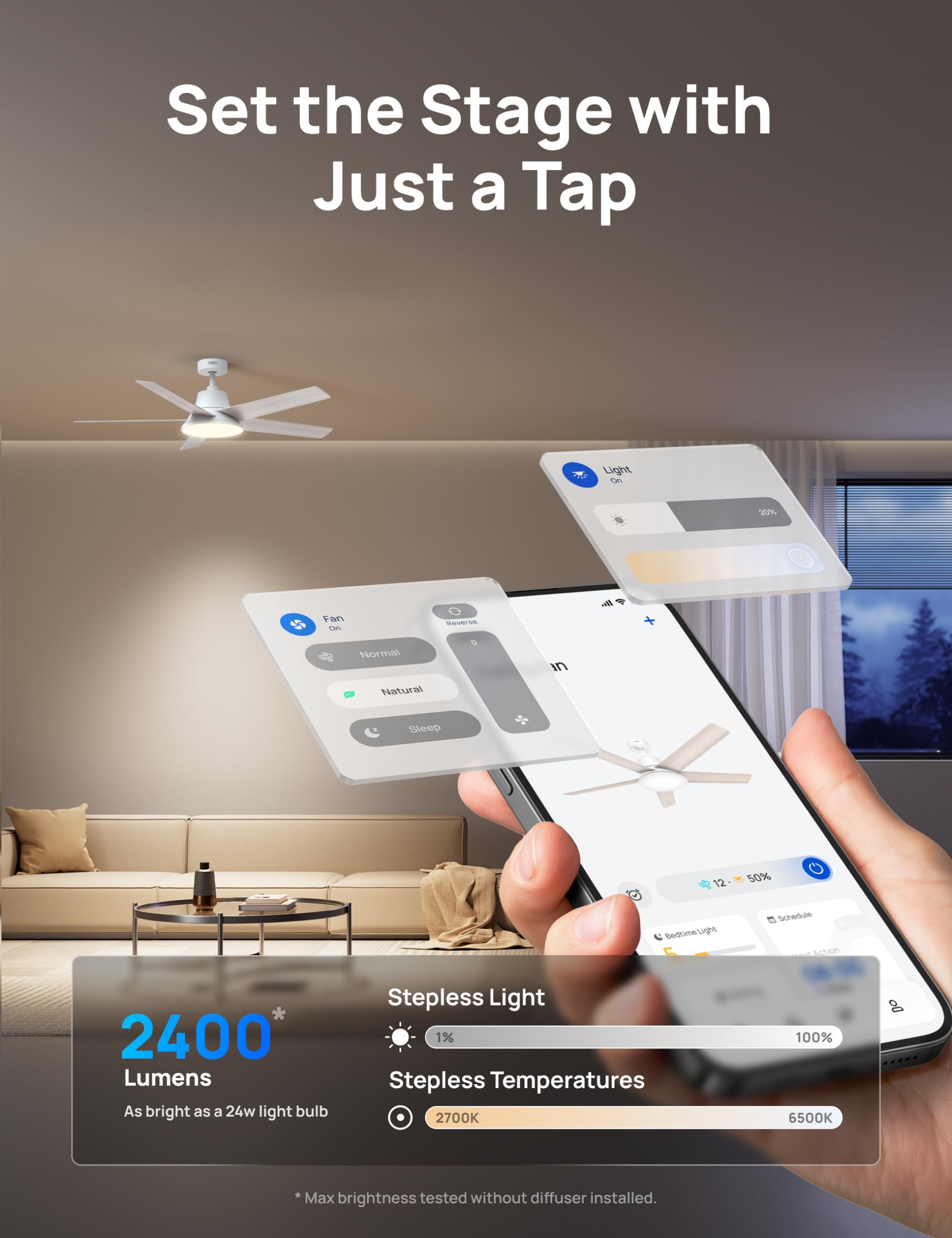 Dreo Smart Ceiling Fan With Lights, 52 Inch, 12 Speeds & 3 Fan Modes, Stepless Color Tones, Dimmable Led Light, 12H Timer, Quiet