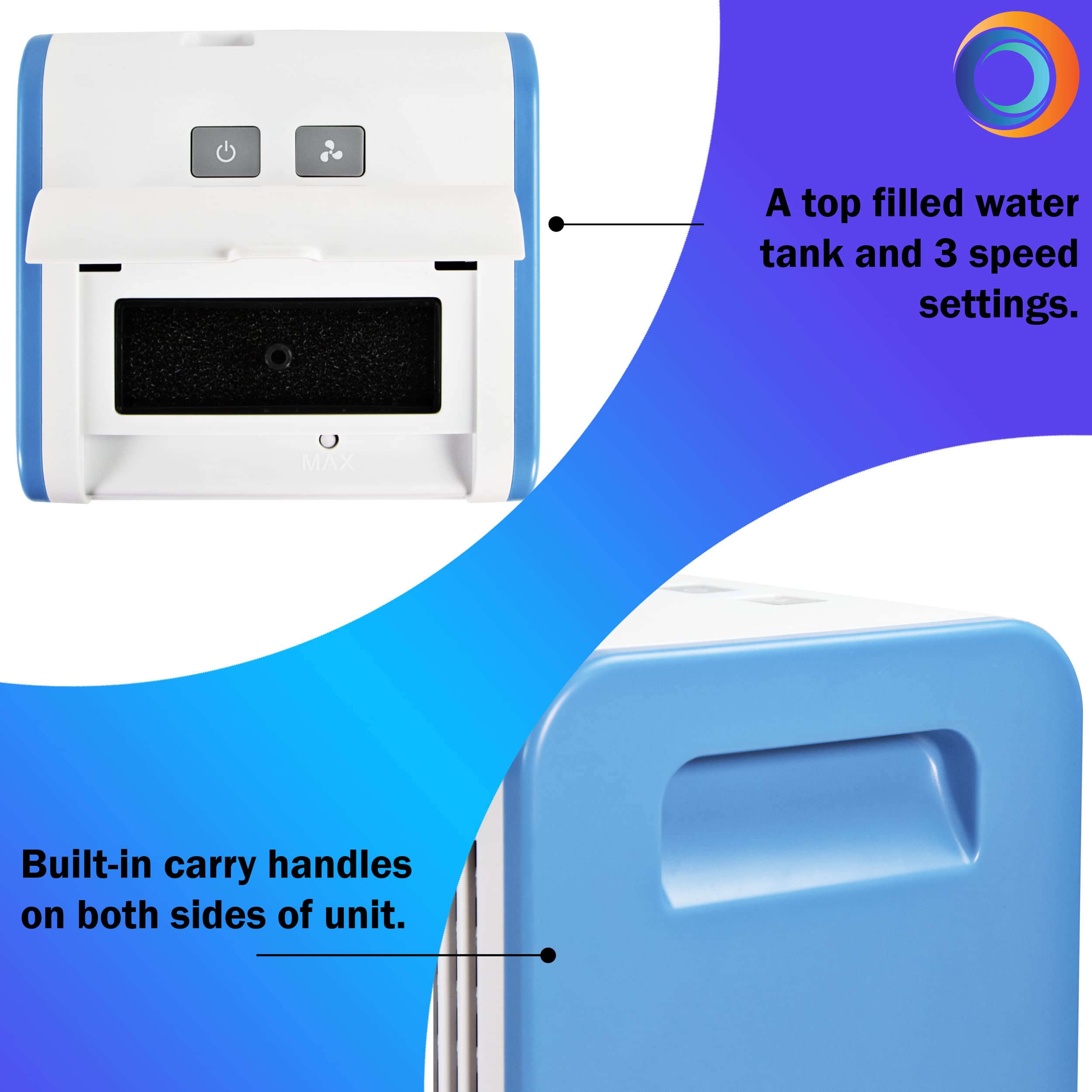 Comfort Zone Czac10Bl 3 Speed Personal Evaporative Air Cooler, Mini Portable Air Conditioner With Top Fill Water Tank, Runs 5 Ho