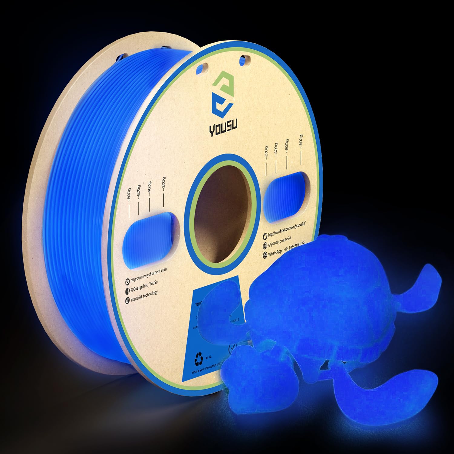 YOUSU 3D Printer Filament 1.75mm PLA Filament Glow in Dark PLA Filament for 3D Printing Filament 1kg(2.2lbs) Spool,Blue