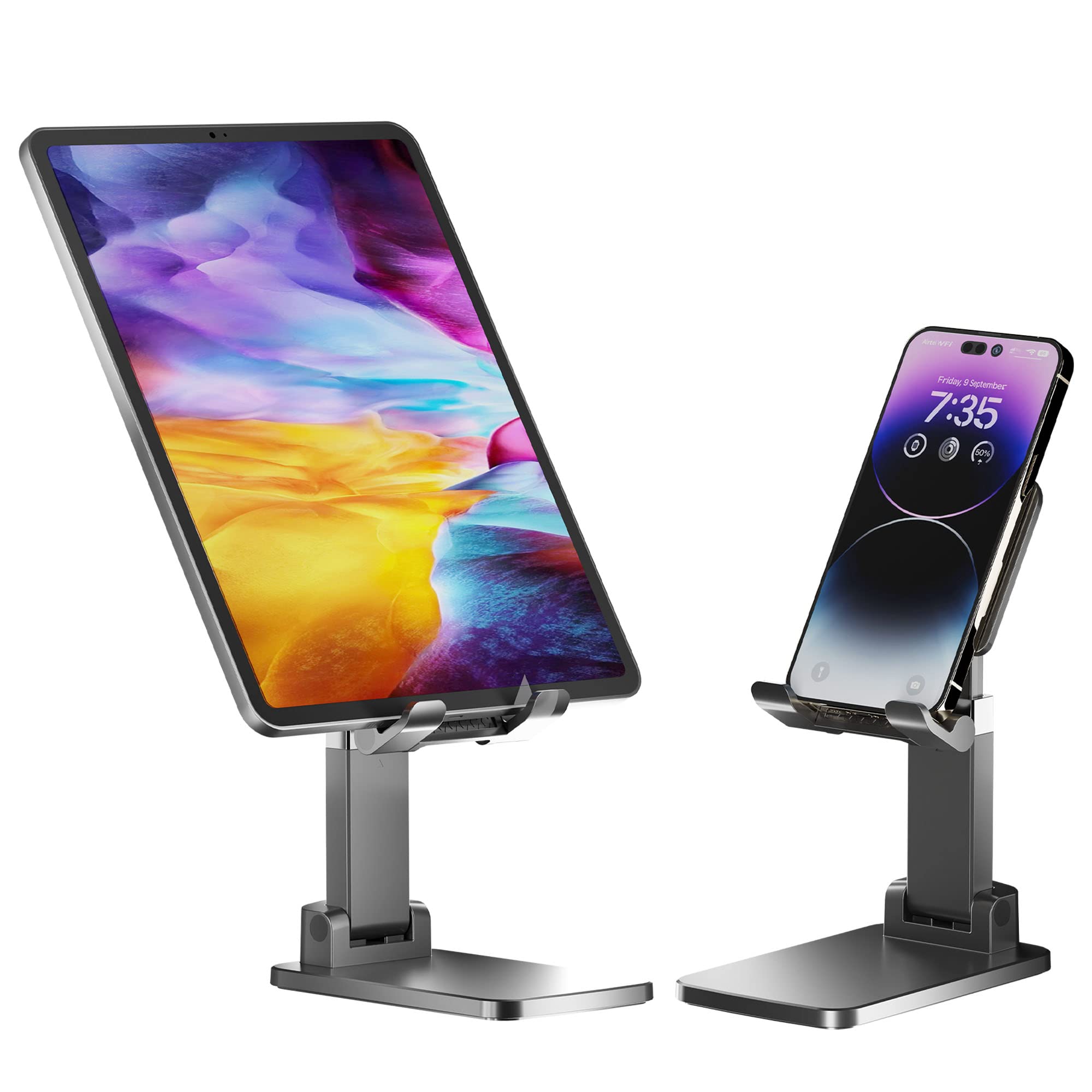 Ambrane Tablet & Mobile Holder for All Smartphones, Tabs, Kindle, iPad Mobile Holding Tabletop Stand, Height Adjustment, Foldabl