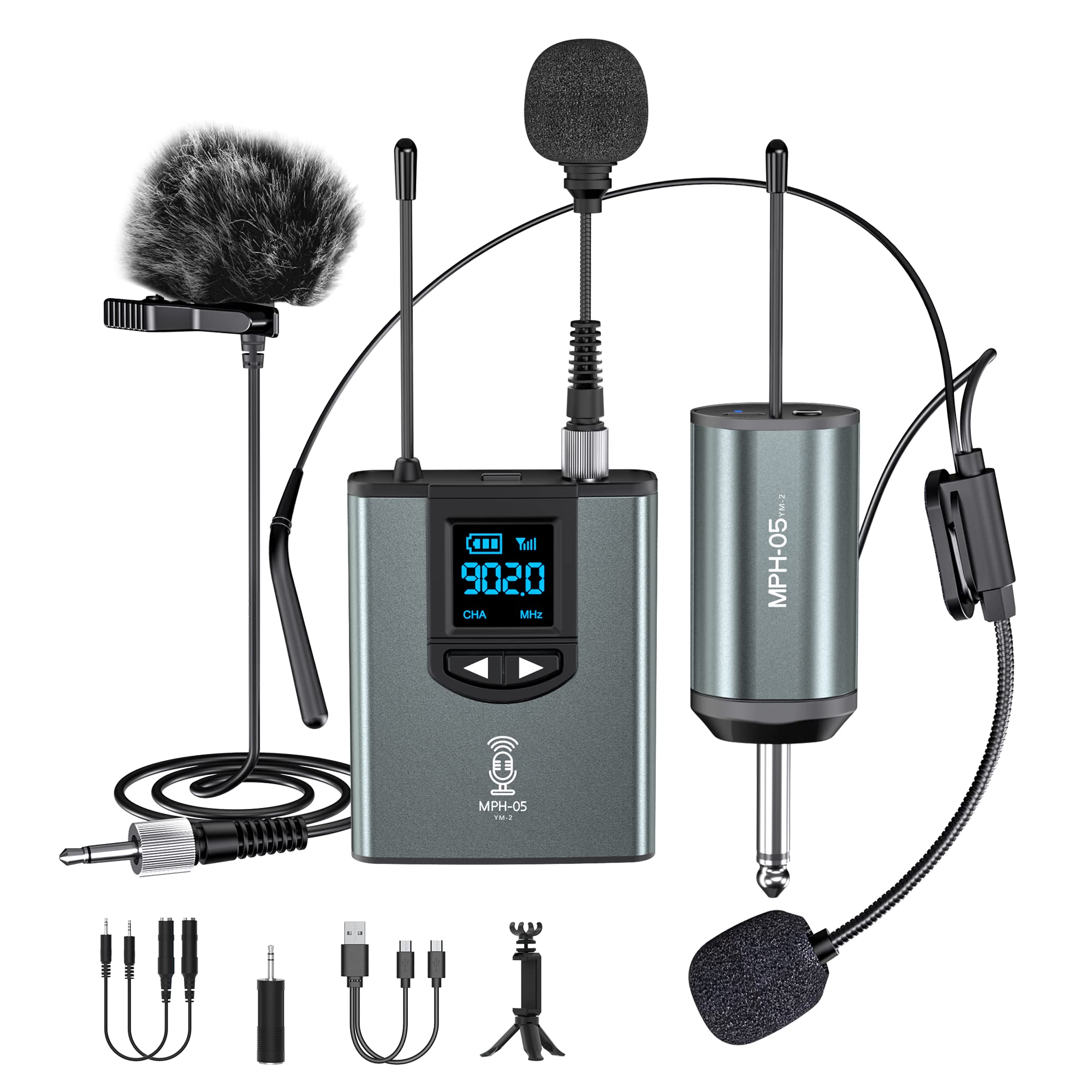 Wireless Microphone System Headset Mic/Stand Mic/Lavalier Lapel Mic With Rechargeable Bodypack Transmitter & Receiver 1/4'' Outp
