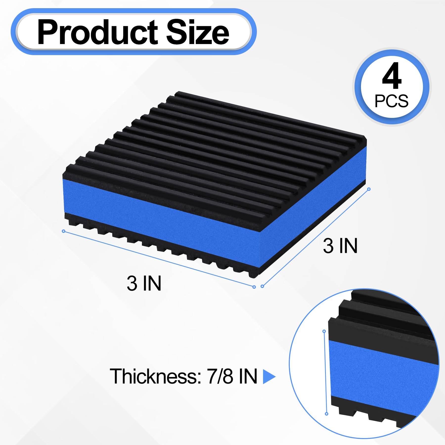Phepetroll 4P Anti Vibration Pads 3'' X 3'' X 7/8'' Sound Isolation Ribbed Rubber Mats With Eva Center, Heavy Duty Vibration Iso