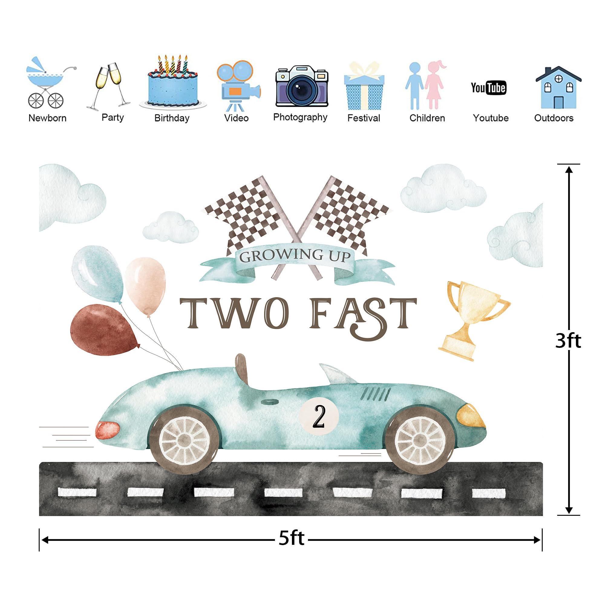 Glawry Two Fast 2Nd Birthday Backdrop For Photography 5Wx3H Feet Boys Kids Boho Watercolor Race Car Cartoon Balloons Cup Cool Cl