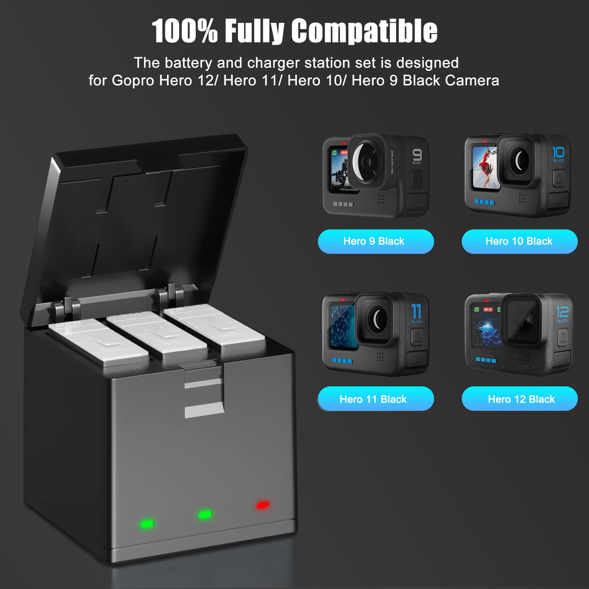 Dongni Hero 12 Battery Replacement For Gopro Hero 12 Hero 11 Hero 10 Hero 9 Black Camera 2 Pack And 3 Channel Usb Battery Charge