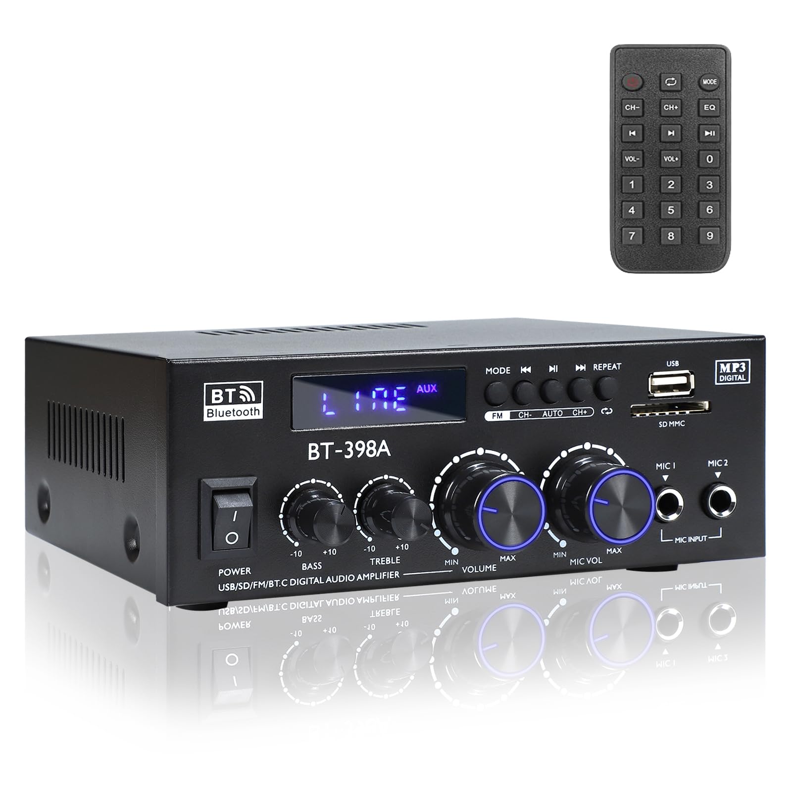 Joengoep BT-398A Stereo Audio Amplifier, Receiver for Speakers Max 900W, 2.0 Channel Stereo Receiver with FM Radio, USB/SD/AUX O