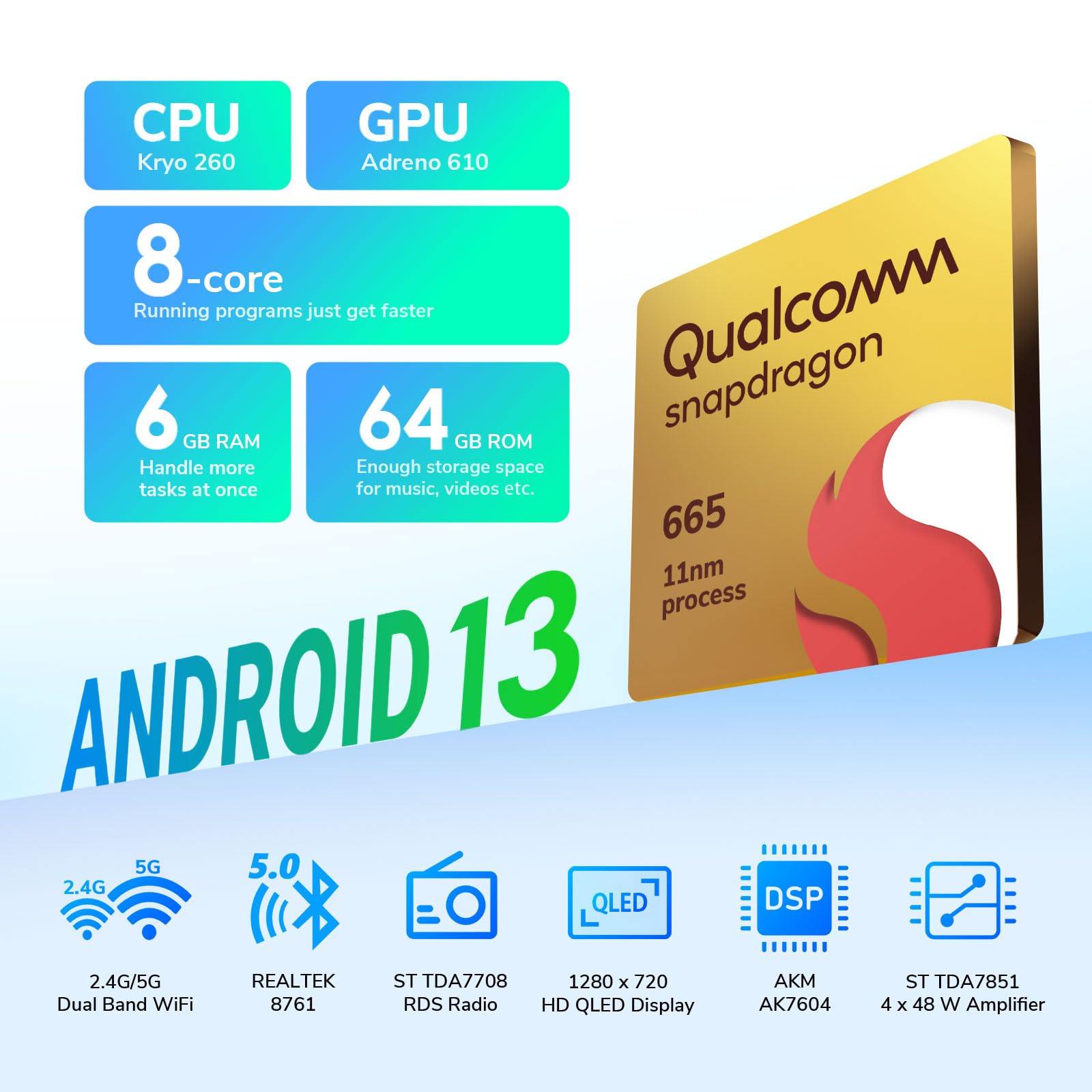 Eonon Android 13 Wireless Carplay & Android Auto Car Stereo, Octa Core 6Gb Ram +64Gb Rom Car Radio, 9 Inch Qled Touchscreen Car