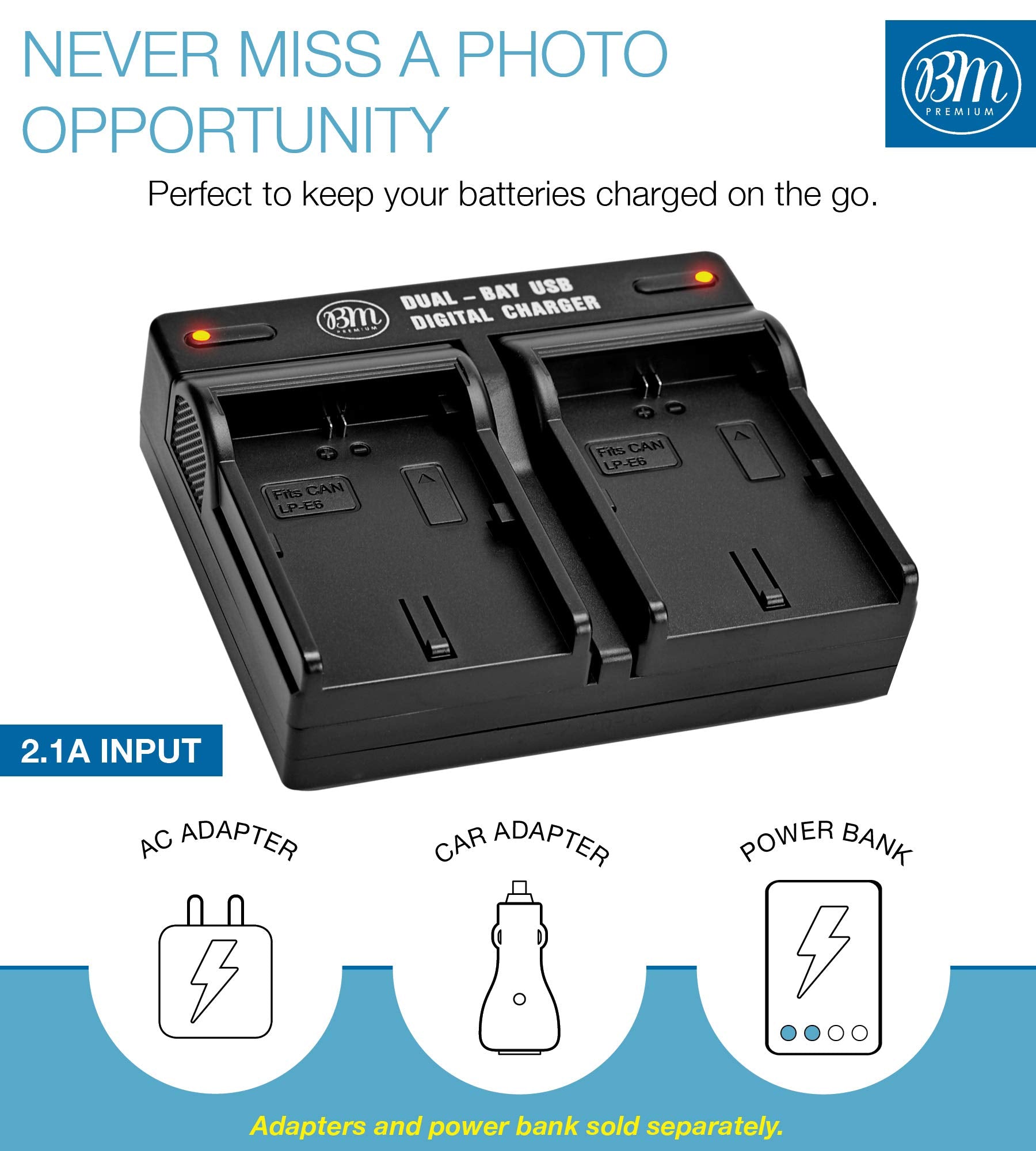 BM Premium LP-E6NH High Capacity Battery 2 Pack & Dual Bay Charger for Canon EOS Cameras - Black
