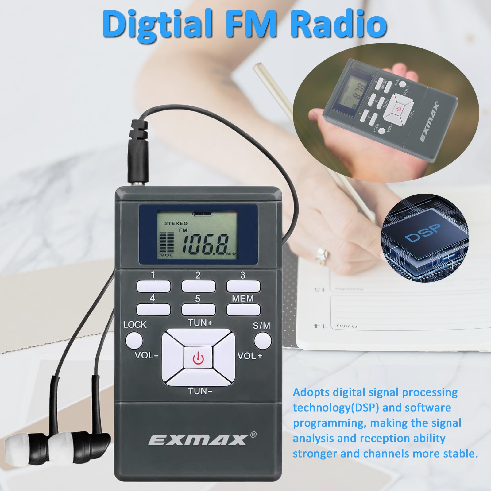 Exmax E108 Wireless Stereo Fm Radio Receiver - Portable Pocket Mini With Earbuds, Lcd Clock For Translator Tour Guide System, Jo