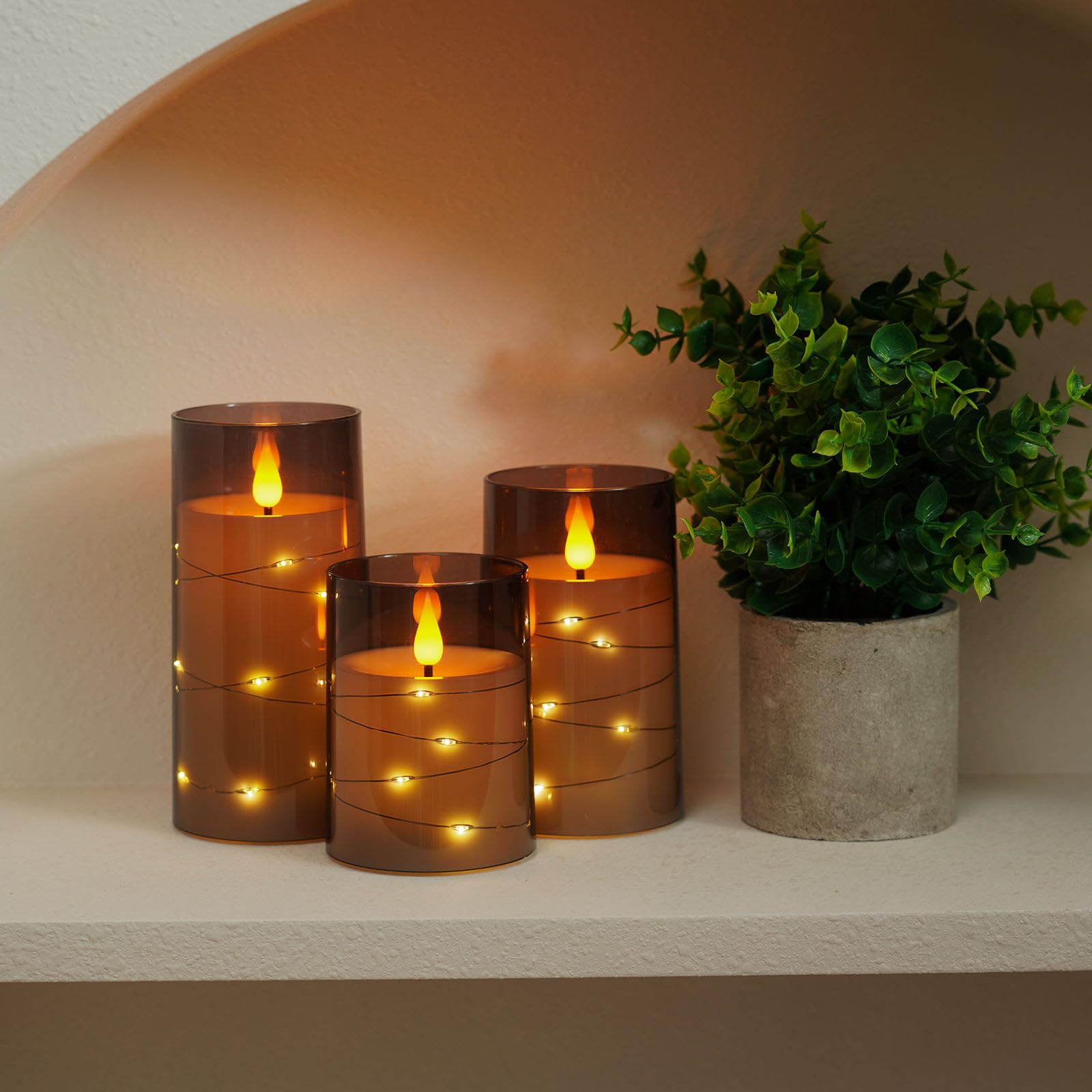 Amagic Grey Flameless Candles With Remote, Flickering Battery Operated Candles With Embedded Fairy Lights, Acrylic Led Candles W