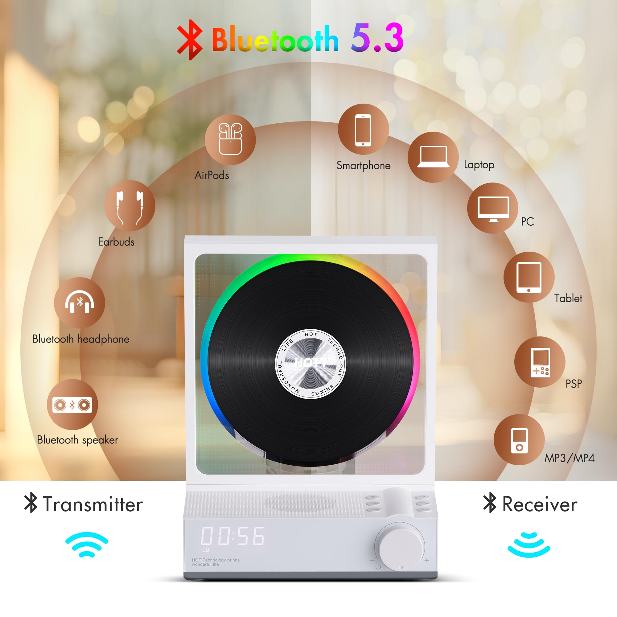 Bluetooth Desktop Cd Player With Speakers And Rgb Color Lights, Hott Home Bluetooth Cd Players With Hi Fi Stereo Sound,Remote Co