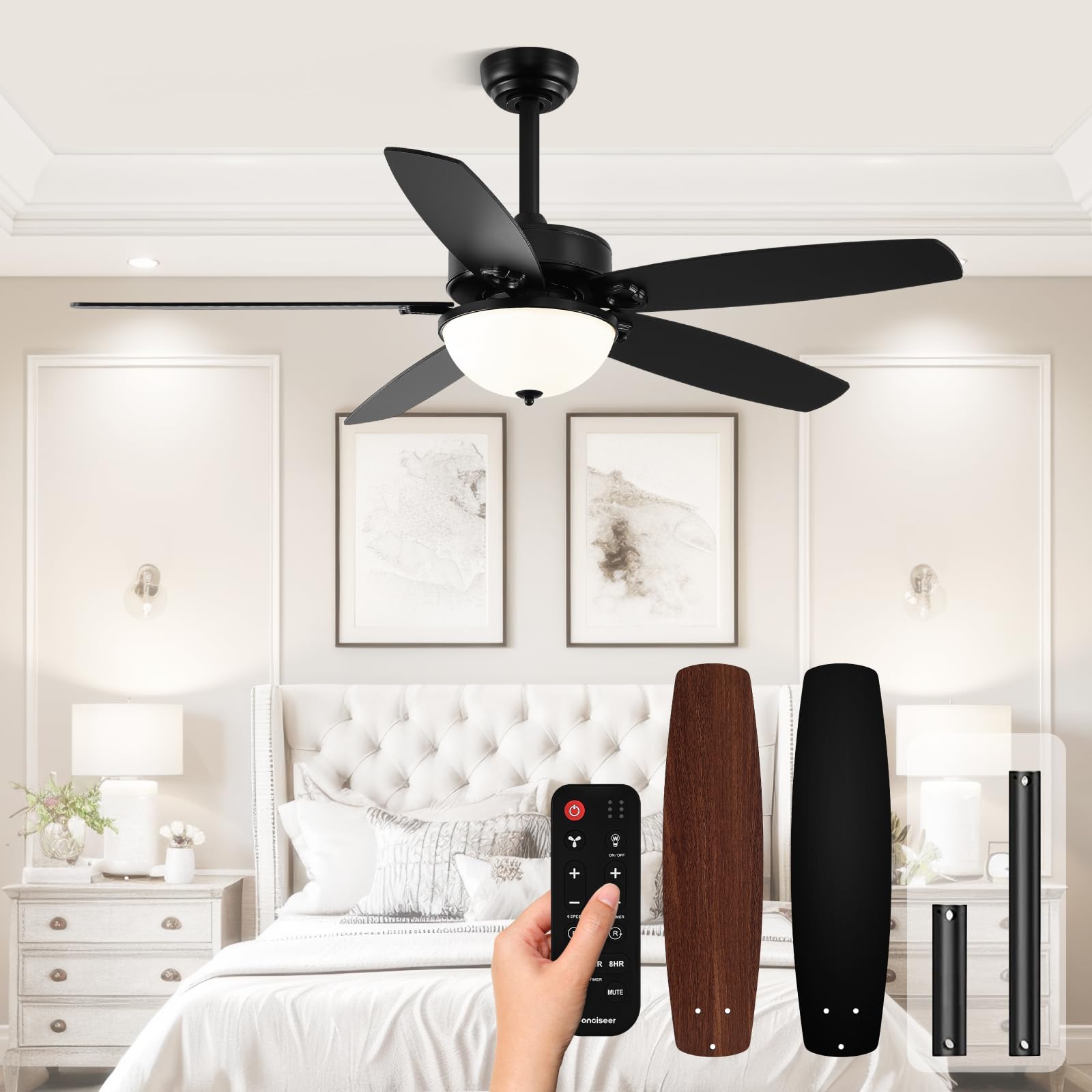 52 Inch Farmhouse Retro Ceiling Fans With Lights And Remote For Bedroom Dining Room Living Room Indoor/Outdoor, 3Cct Dimmable, D
