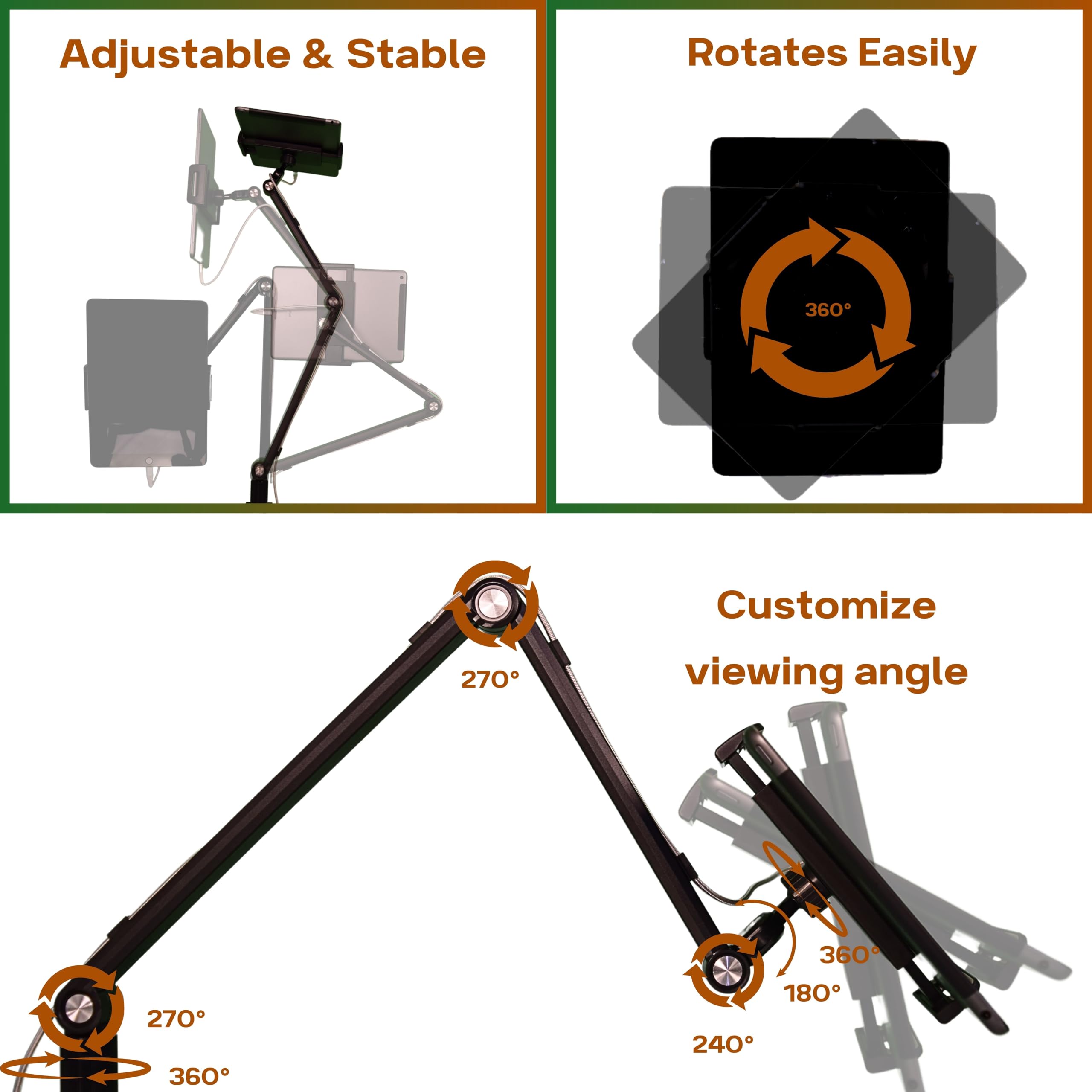 Fortihold Aluminum Phone And Tablet Stand - Adjustable 360 Rotation, Cable Management, Stable Base, White - 16'' Portable Monito