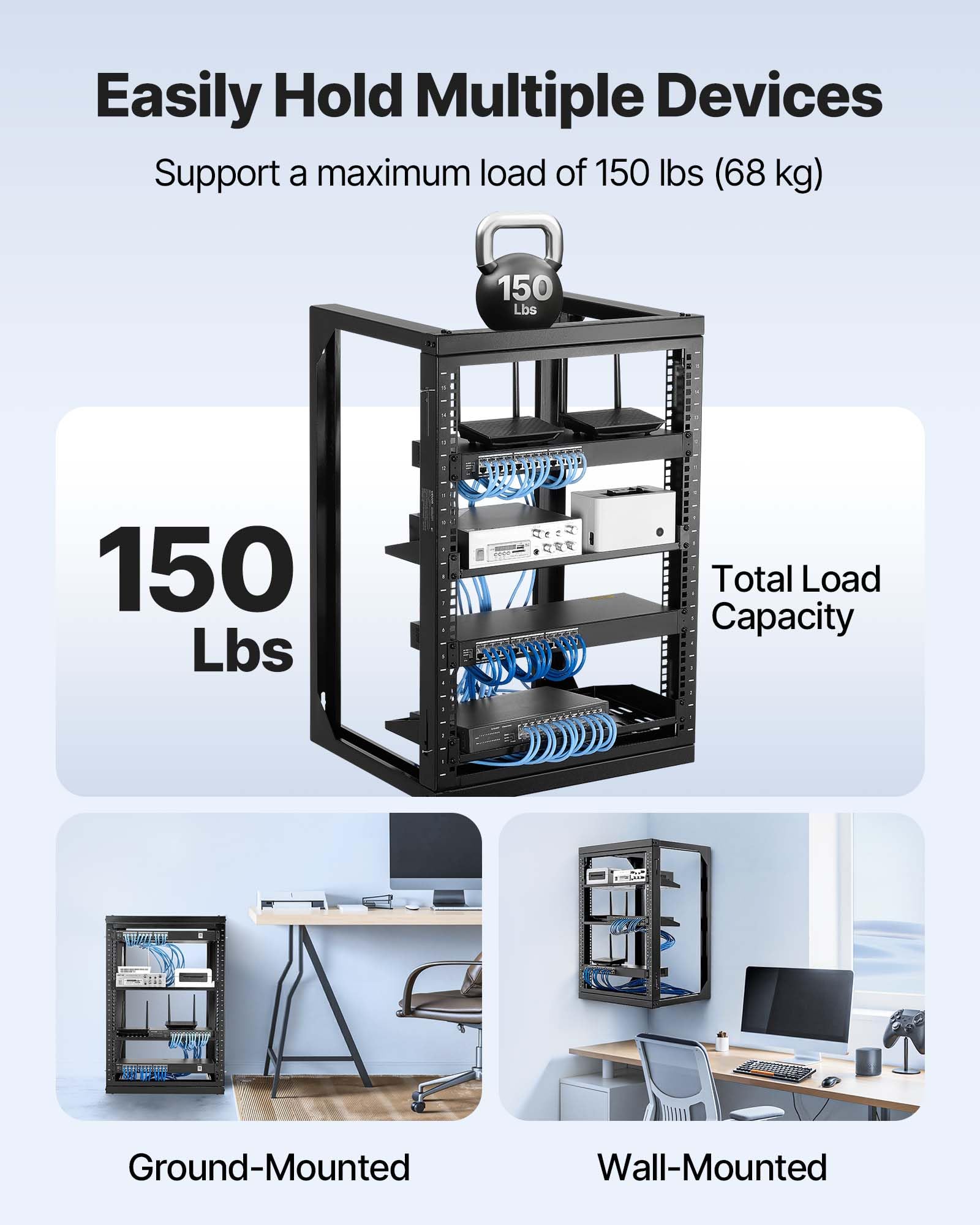 Vevor 15U Open Frame Server Rack, Free Standing Or Wall Mount Rack With 180 Degrees Gate Swing, Network Rack For 19 It Equipment