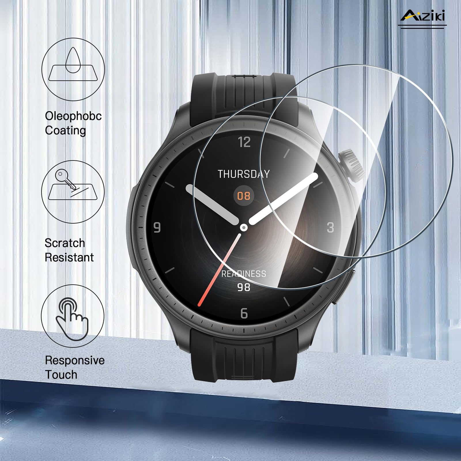 Aiziki Tempered Glass Screen Protector for Amazfit Balance Smart Watch 46mm - Anti-Shatter, Anti-Scratch, Bubble Free, HD Clear - GH2 Variant