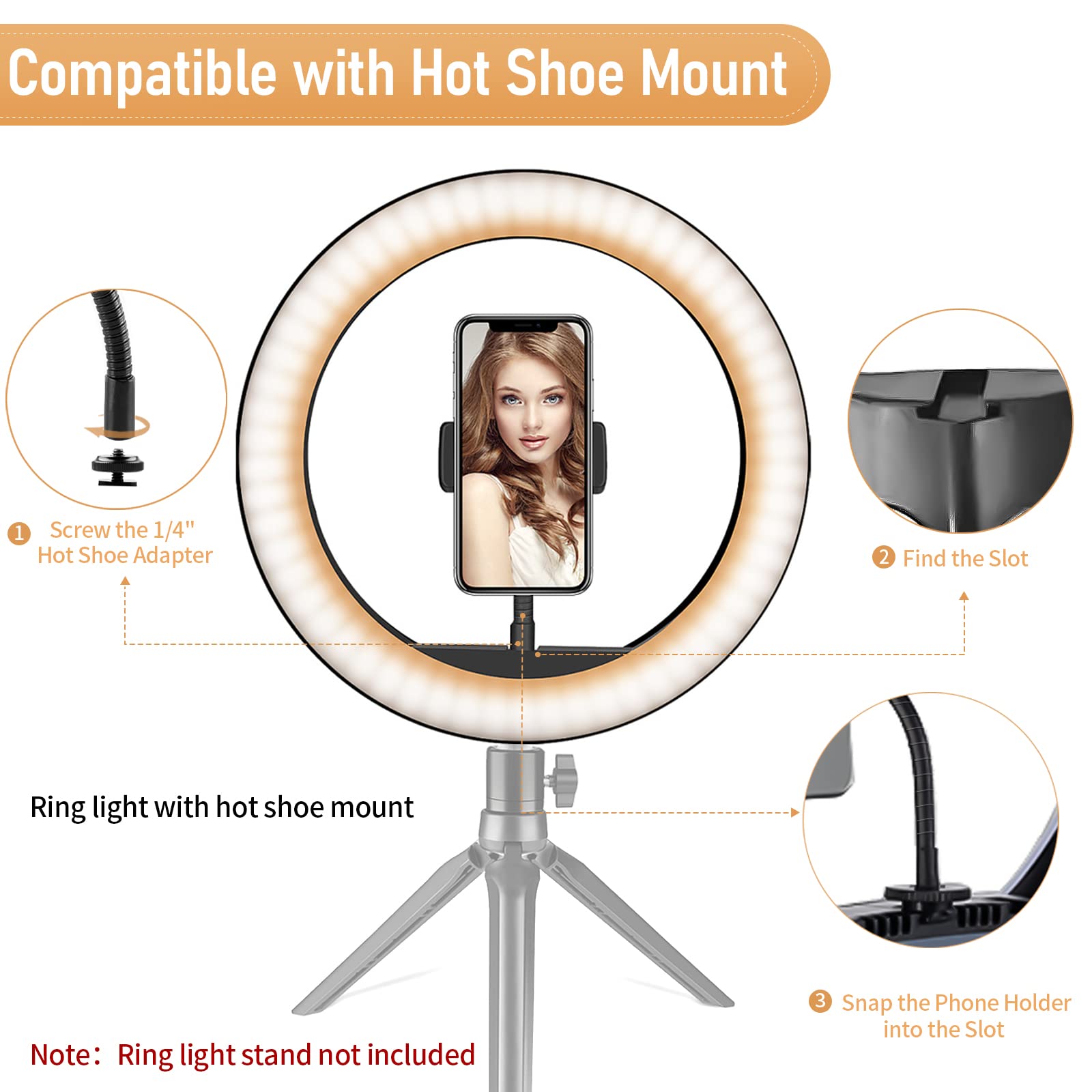 [2-Pack] Phone Holder For Ring Light And Tripod Stand With 1/4 And Hot Shoe Adapter, Flexible Phone Tripod Mount Adapter (Black+