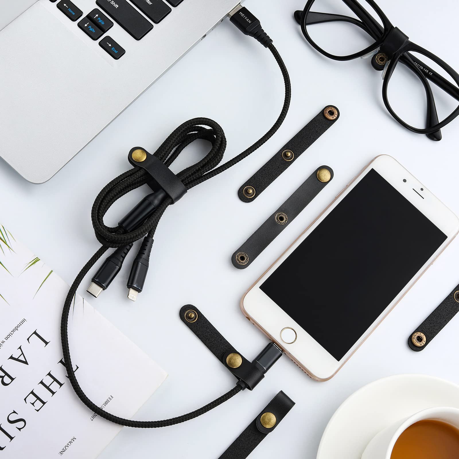 24 Pieces Leather Cable Straps Leather Cord Organizers 2 In 1 Portable Leather Cord Strap Cord Keeper Cable Ties Organizing Usb