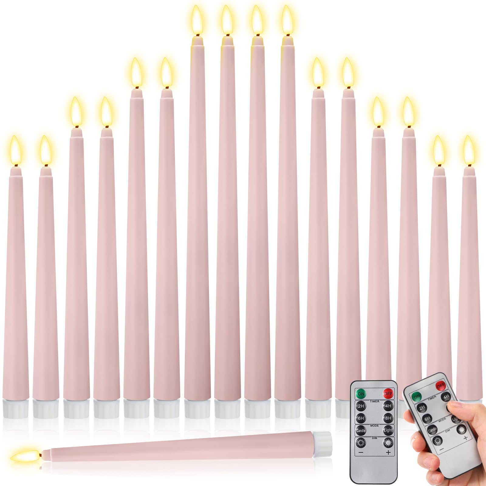 Rossesay 16 Pcs Pink Flameless Taper Candles Battery Operated Candles with Remote Timer 8.5 9.6 10.8 12.8 Multiple Sizes Pink LE