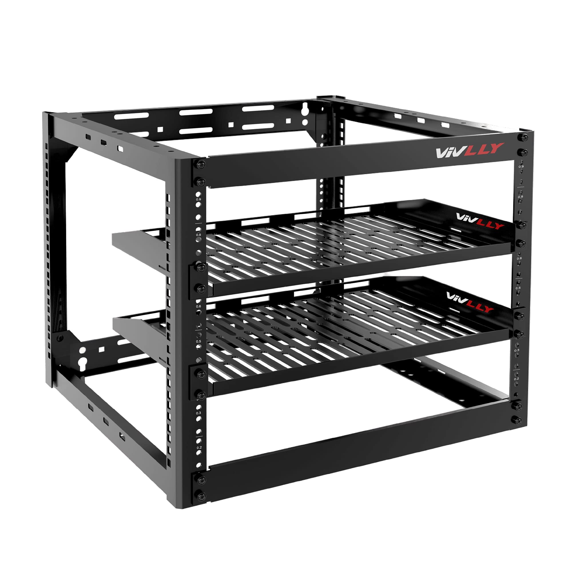 Vivlly Open Frame 10U Rack For Networking, Servers, Audio, And Video Equipment, Heavy Duty 1U Vented Shelves, Wall Mounted Hardware Or Floor Standing Support