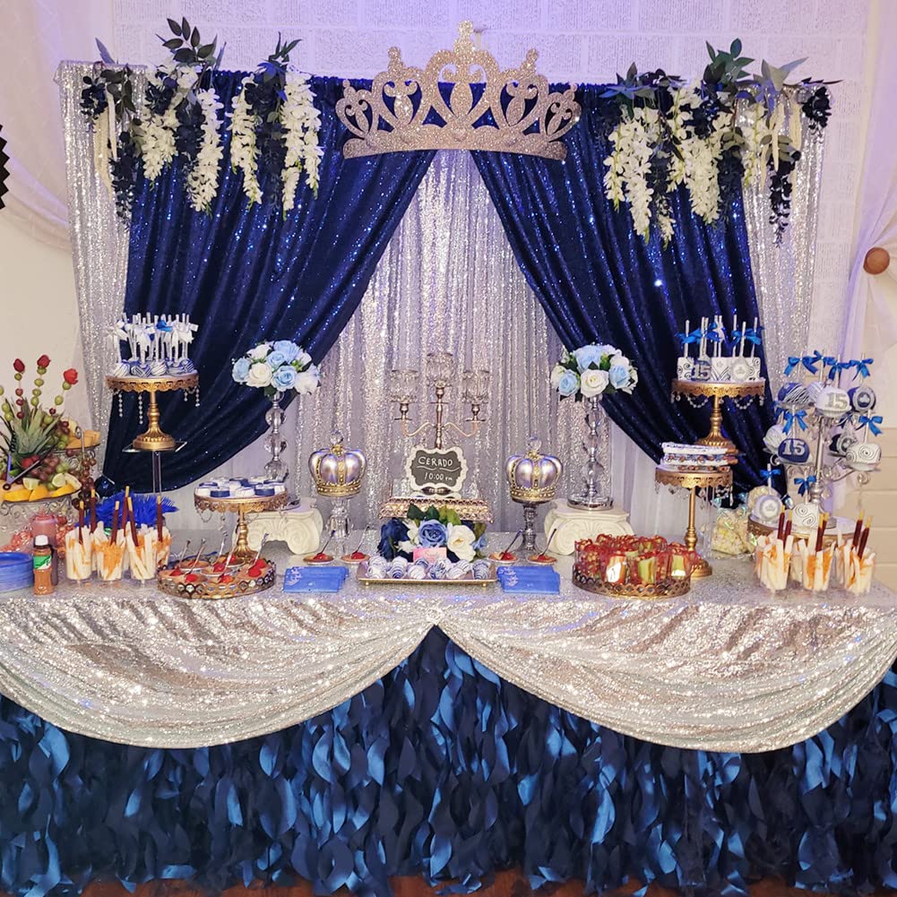 Poise3Ehome 2Pcs 2Ft X 8Ft Navy Blue Sequin Backdrop Curtain,Navy Blue Glitter Photography Background For Independence Day,Memor