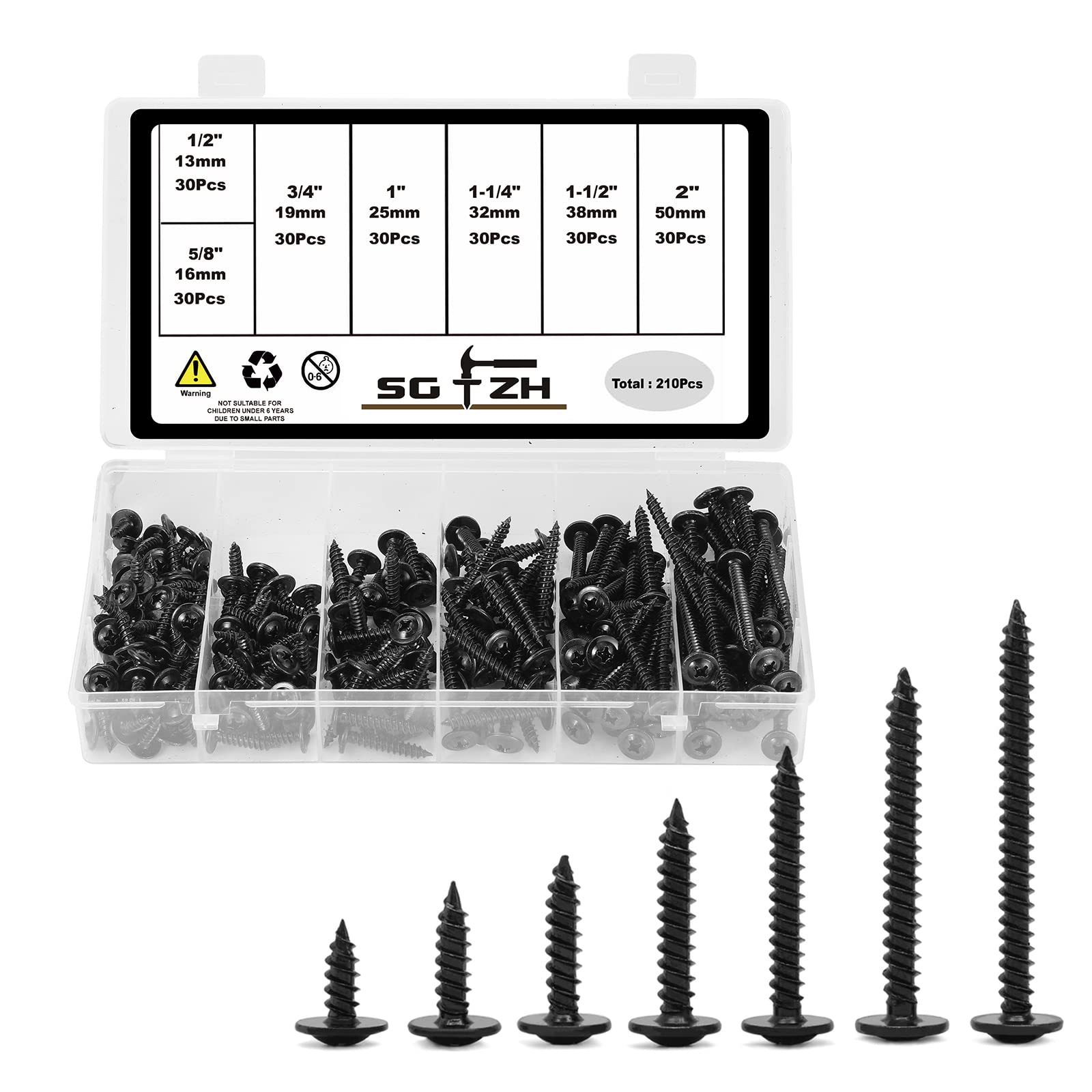 8 Screws Assortment Set 210Pcs Alloy Steel Standard Thread Truss Head Fast Self Tapping Wood Screw Black Oxide by Sg TZH