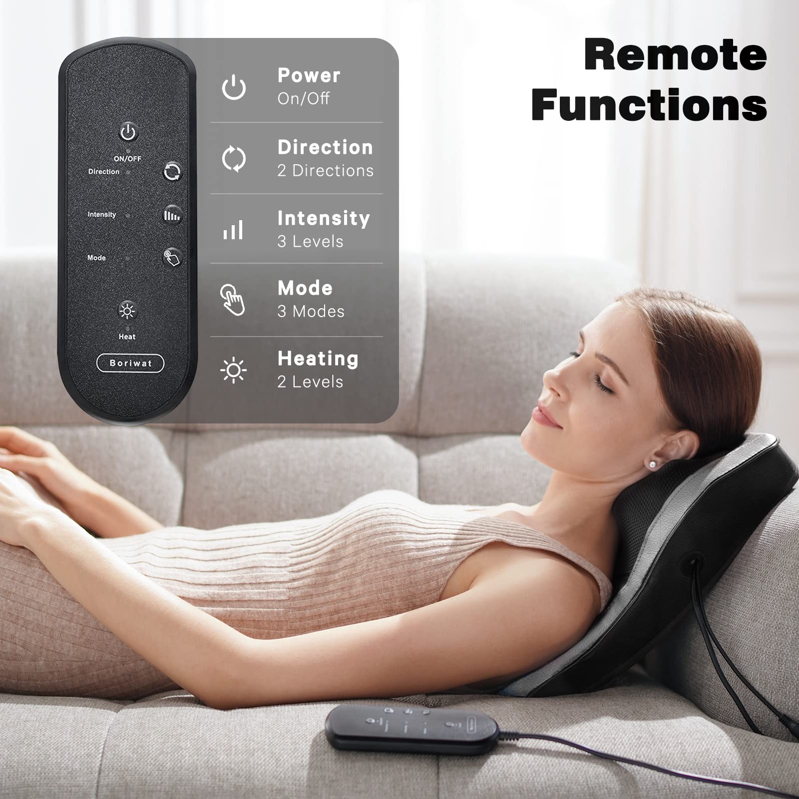 Boriwat Back Massager With Heat, Massagers For Neck And Back, 3D Kneading Massage Pillow For Back, Neck, Shoulder, Leg Pain Reli