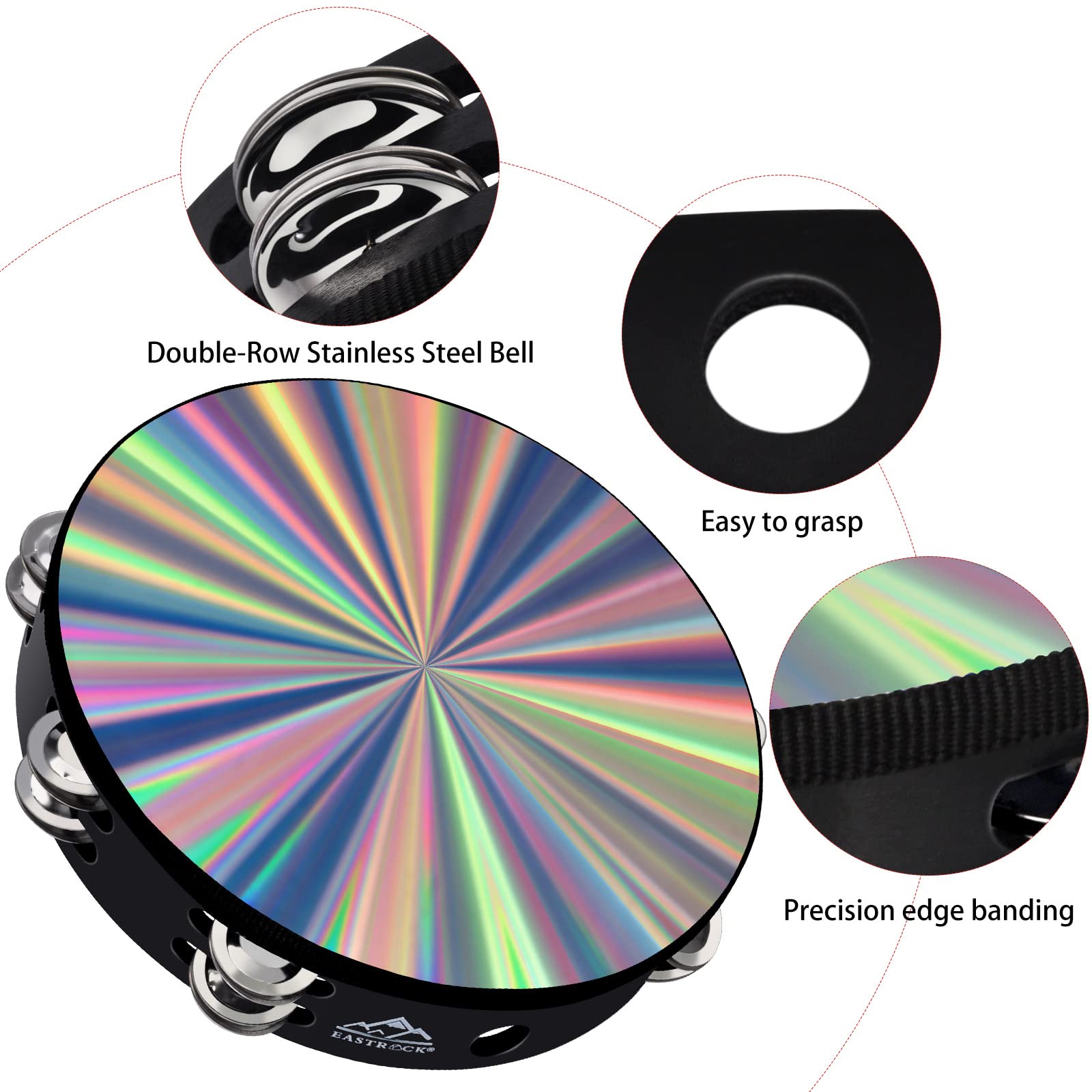 Eastrock Radiant Tambourine Hand Held Drum 10 Inch Double Row Jingles Reflective Tambourine Musical Instrument For Adults Church