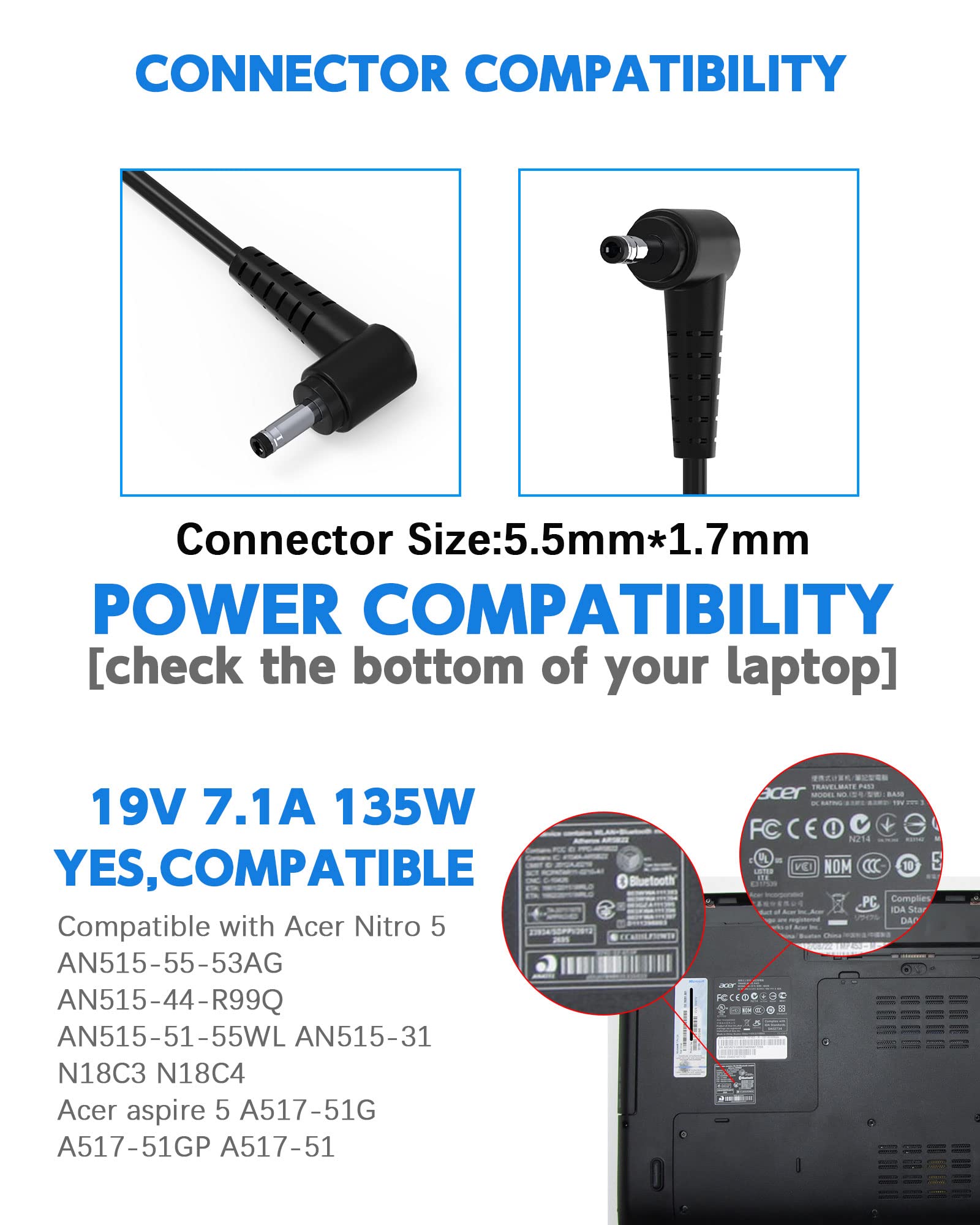 135W Syfrufo Acer Laptop Charger, 19V 7.1A Power Supply for Nitro 5 AN515-55-53AG, Aspire 5 A517 Series, Black AC