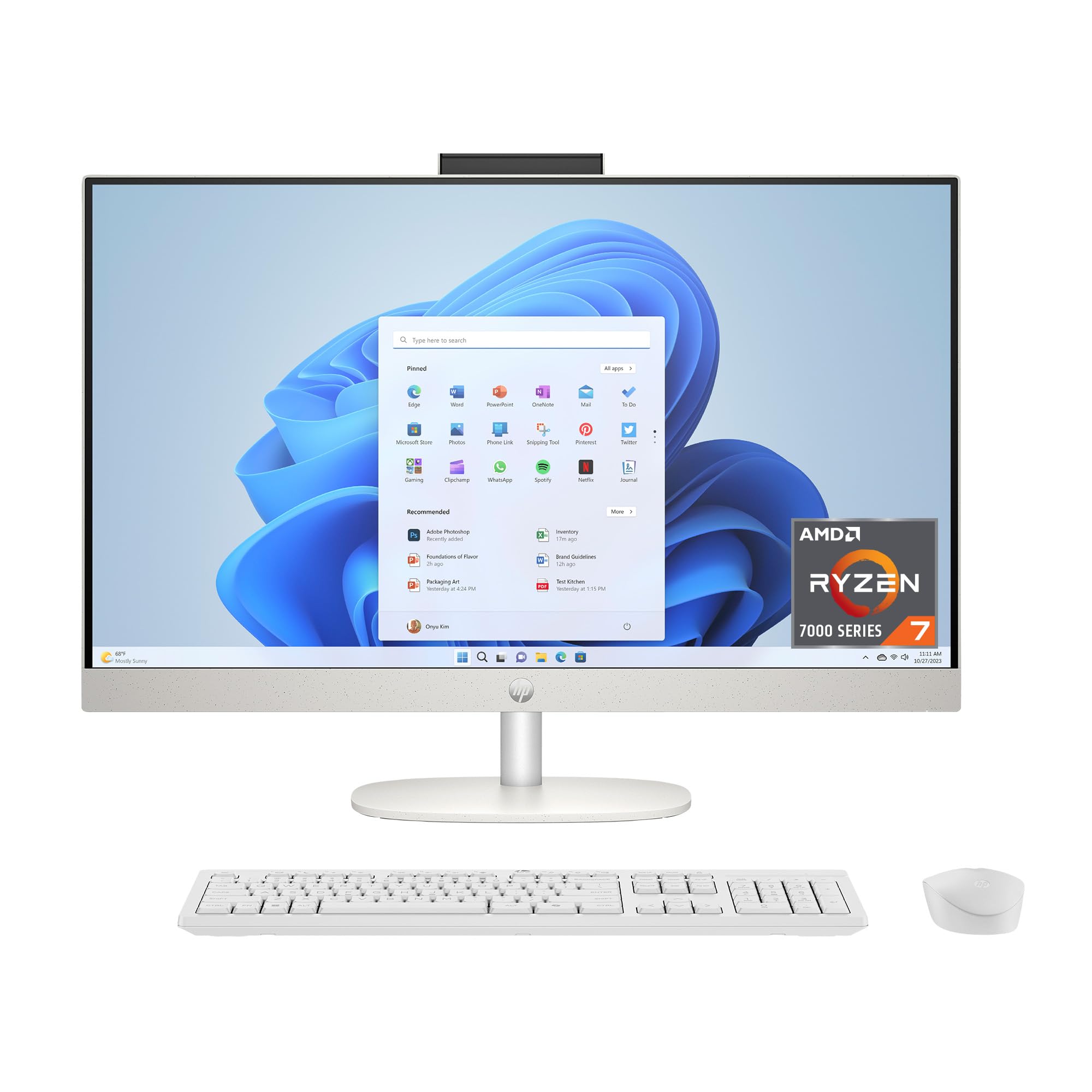 HP 27 inch All-in-One Desktop PC, FHD Touchscreen, AMD Ryzen 7 7730U, 16 GB RAM, 512 GB SSD, AMD Radeon Graphics, Windows 11 Hom