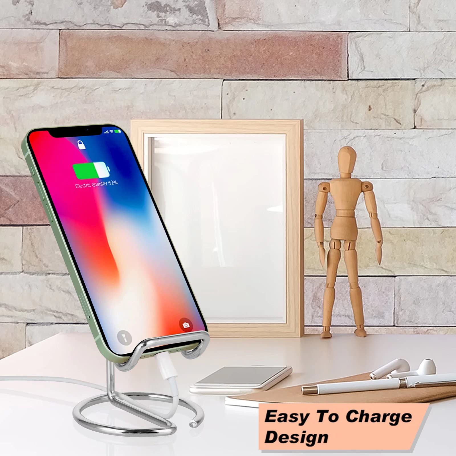 Roposy Cell Phone Stand For Desk, Cute Metal Silver Cell Phone Stand Holder Desk Accessories, Compatible With All Mobile Phones,