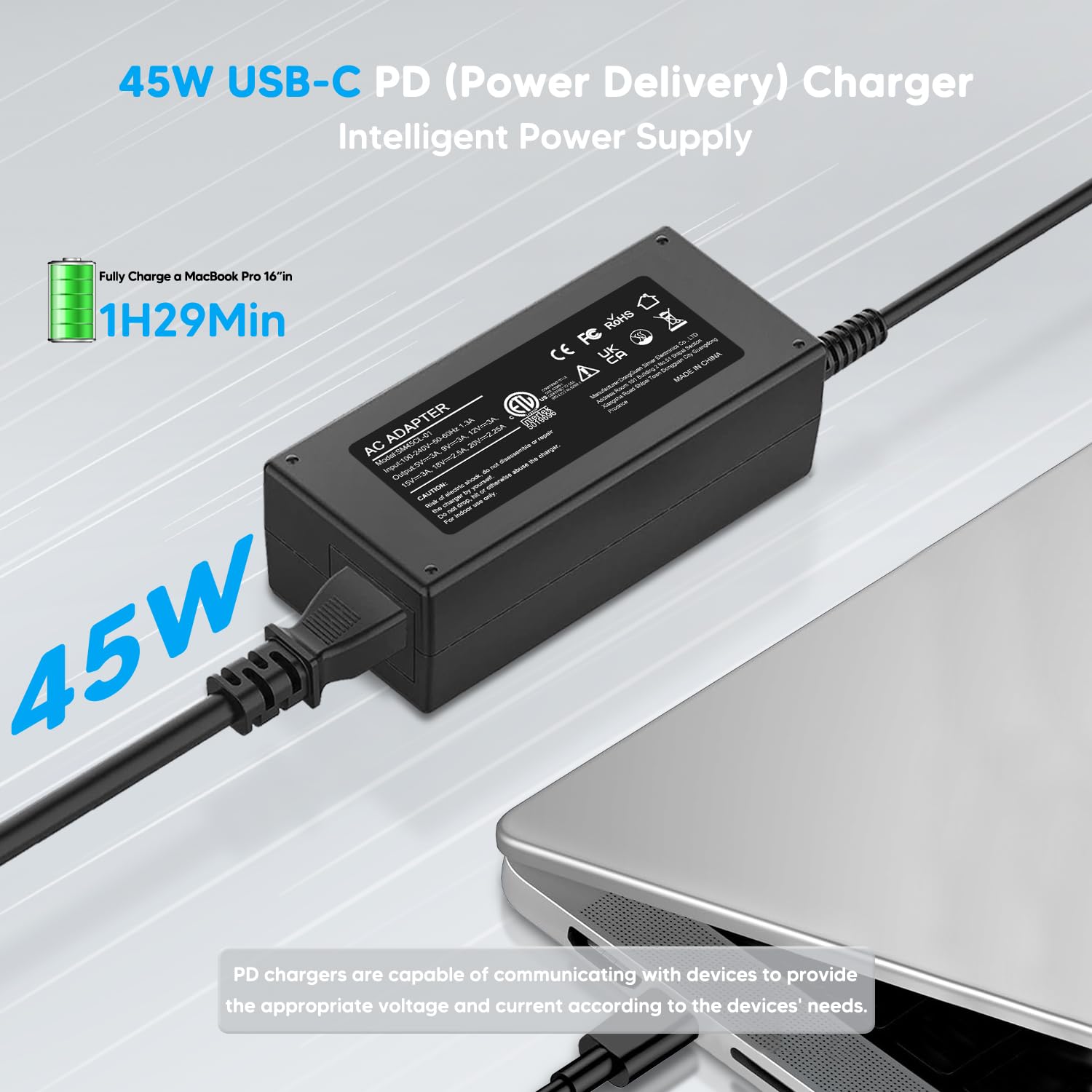 Universal 45W Usb C Chromebook Laptop Charger, Compatible With Hp Acer Asus Samsung Google Power Supply With Cord