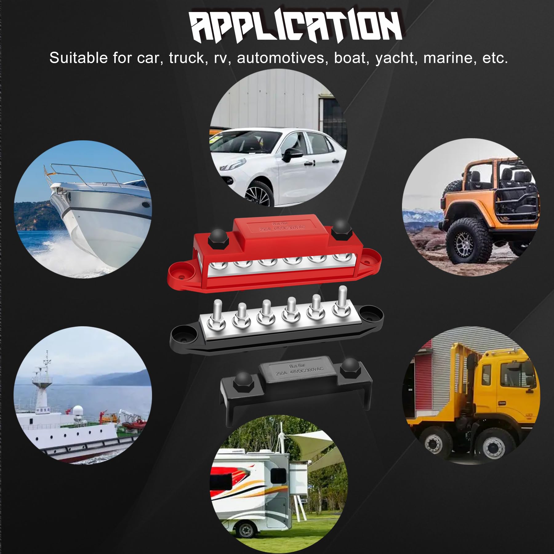 250A Bus Bar 12V Marine 1/4'' Power Distribution Block Automotive Busbar Terminal Block,Battery Buss Bar (Pair, Red & Black) 6 X