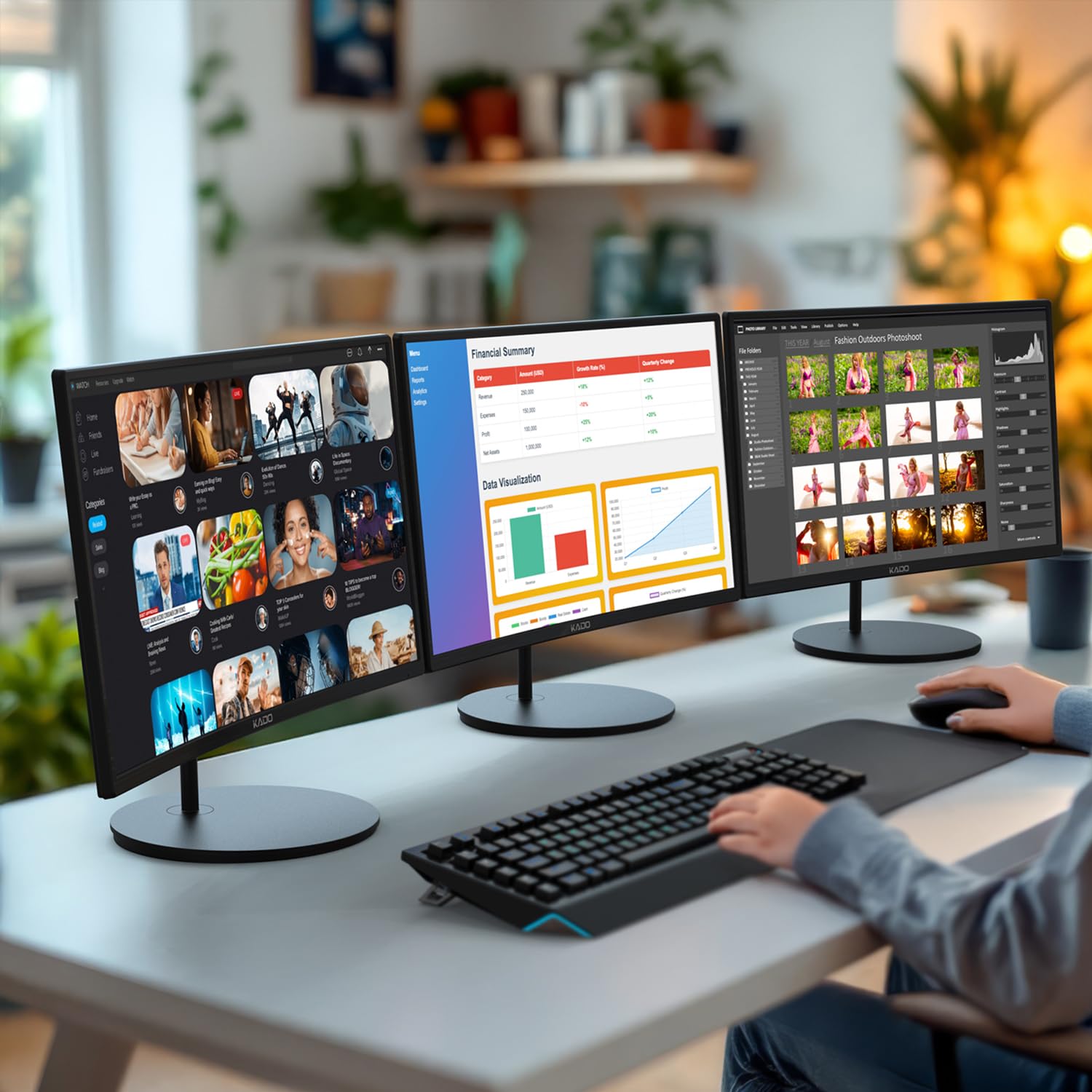 Kado Triple Monitor Setup - 3-Pack 27 1920X1080 Curved Computer Monitor 1500R 75Hz Vesa Mount Hdmi Office Gaming Hybrid Sim Raci