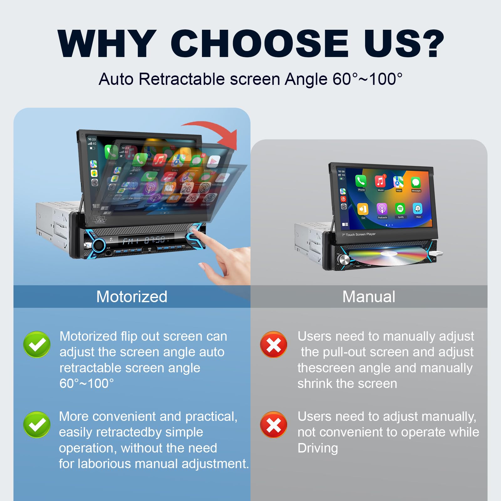 (Motorized) Single Din Car Stereo Compatible With Apple Carplay & Android Auto 7 Inch Flip Out Touchscreen Car Stereo With Bluet