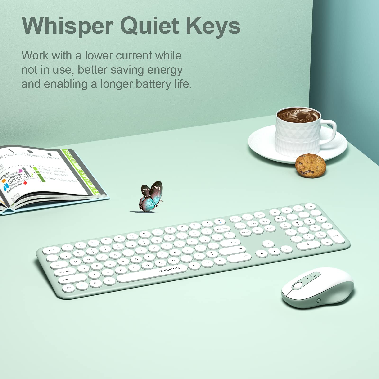 XTREMTEC Wireless Keyboard and Mouse, Ultra-Slim Retro Round Keycap, Macaron Green, Model K102A for Mac/PC Desktops