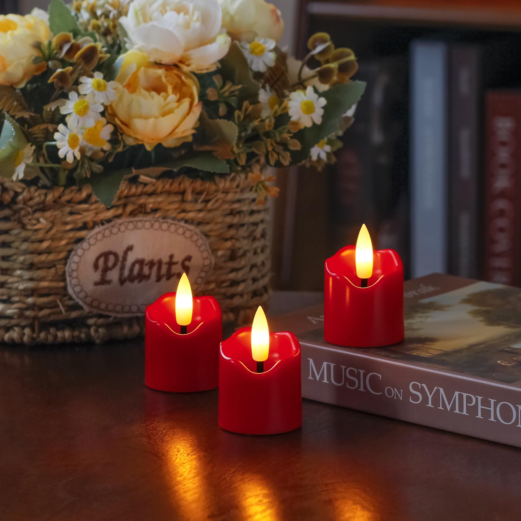 Wroxipel 6 Pack Battery Operated Auto Daily Timer Burgundy Plastic Led Flameless Votive Candles, Long Runtime 1.6'' X2.3'' Flick