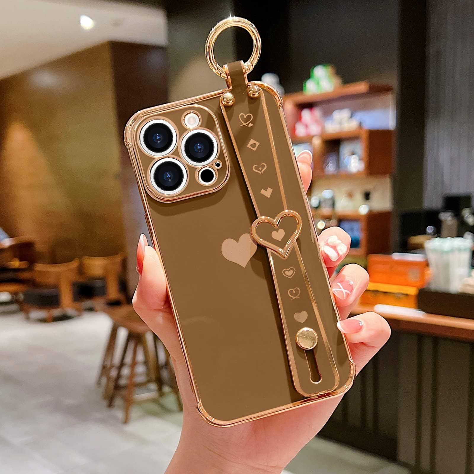 Llz. Coque For Iphone 13 Pro Max Case Cute Love Heart Plating Strap Phone Cover For Women Girlss Bling Silicone Camera Lens Prot