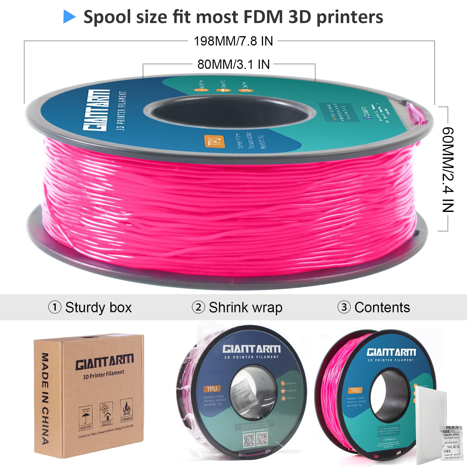 Giantarm Pink Tpu Filament, 95A Tpu Filament 1.75Mm, Dimensional Accuracy +/  0.03, Flexible Soft 3D Printer Filament 1Kg Spool(
