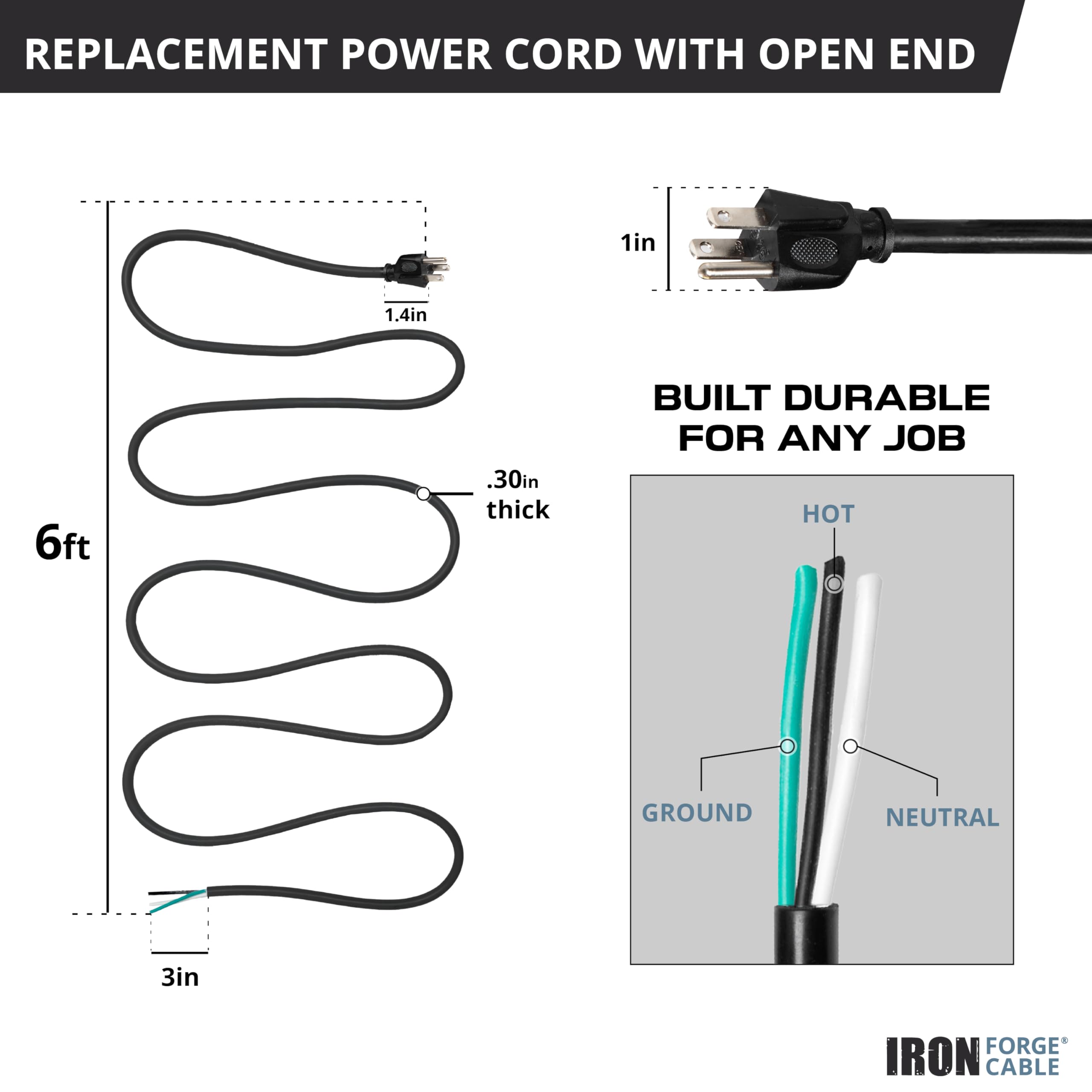 Iron Forge Cable 18 Gauge Replacement Power Cord With Open End 10 Amp, 6 Ft Black Extension Cable, 18/3 Sjt, Nema 5 15P