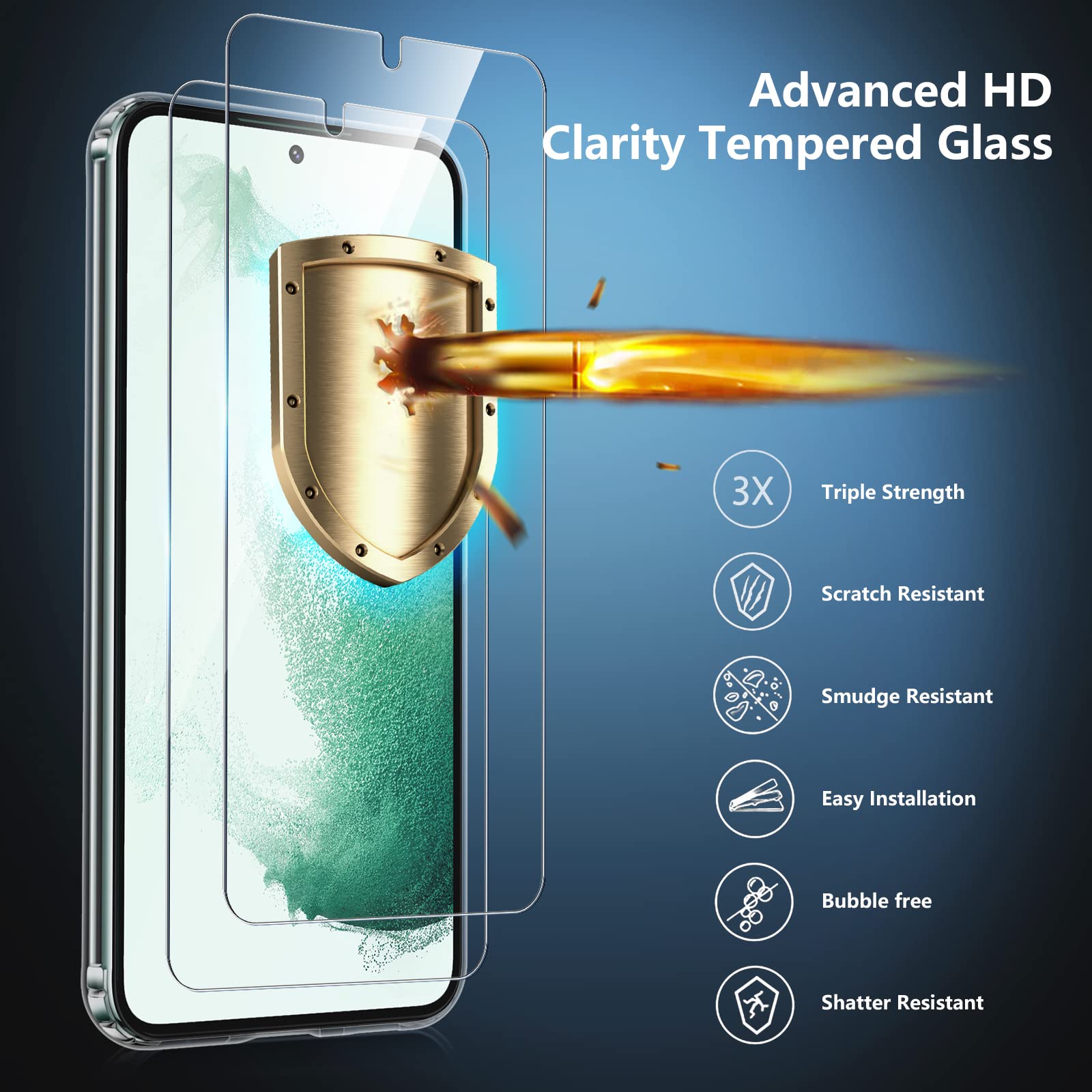 Spidercase For Samsung Galaxy S22 Case, [Crystal Clear Non Yellowing] Non Slip [2 Pack] Tempered Glass Screen Protector+Camera L