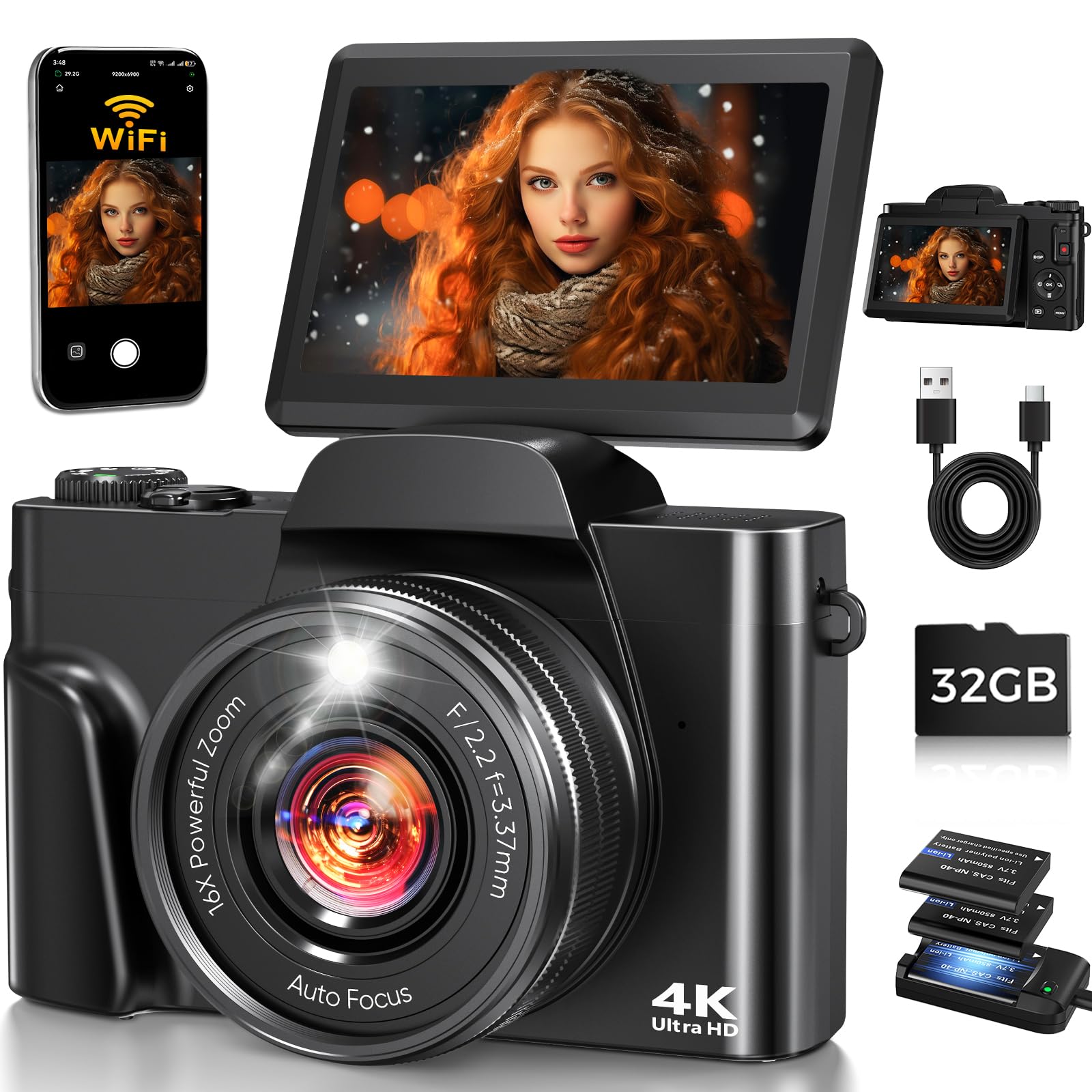 4K Digital Camera WiFi 180 Flip Screen Autofocus 64MP 16X Zoom, Black