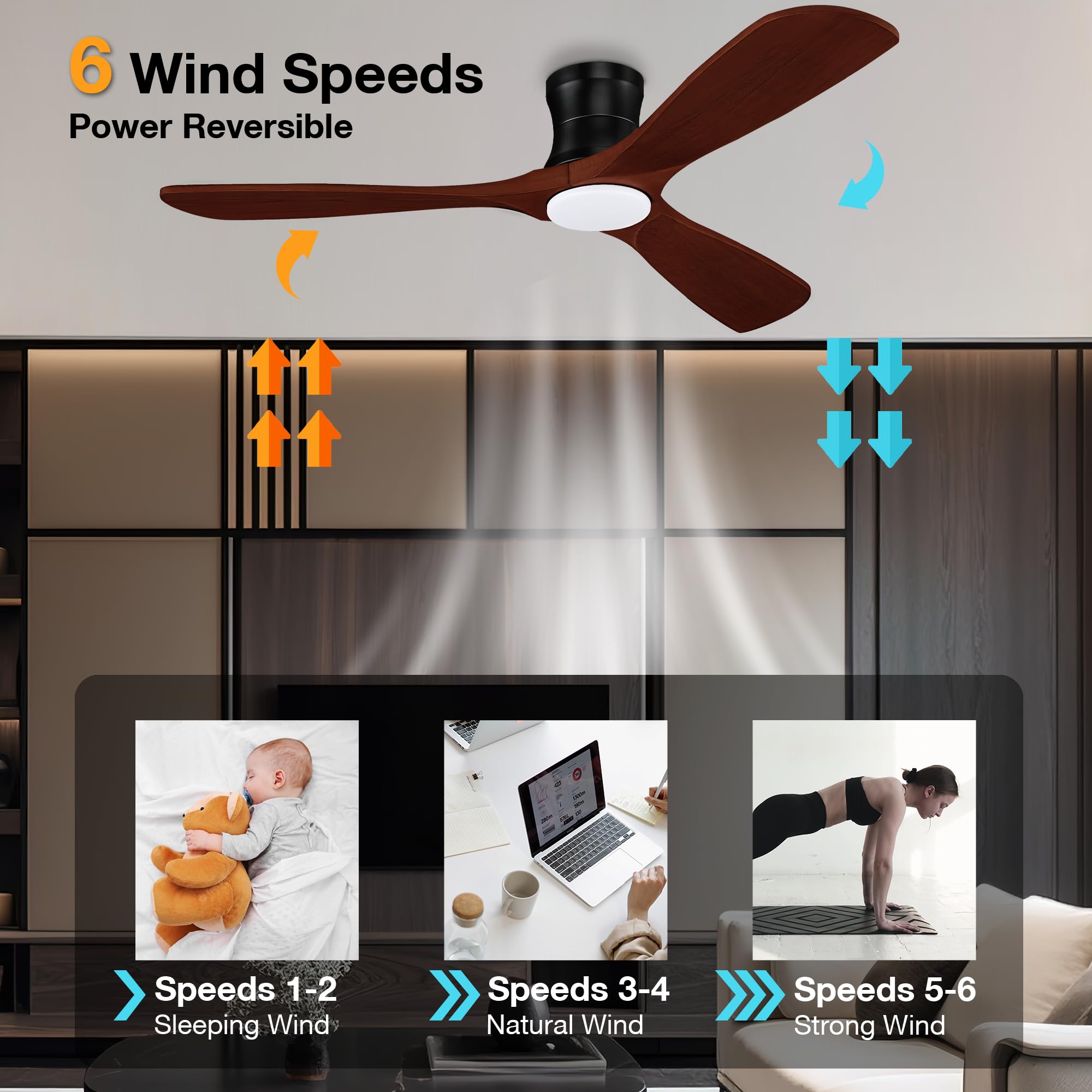 Hoenofly 52    Smart Wood Flush Mount Ceiling Fans With Lights Remote,Quiet Dc Motor,Outdoor Indoor Low Profile Ceiling Fan,Voic