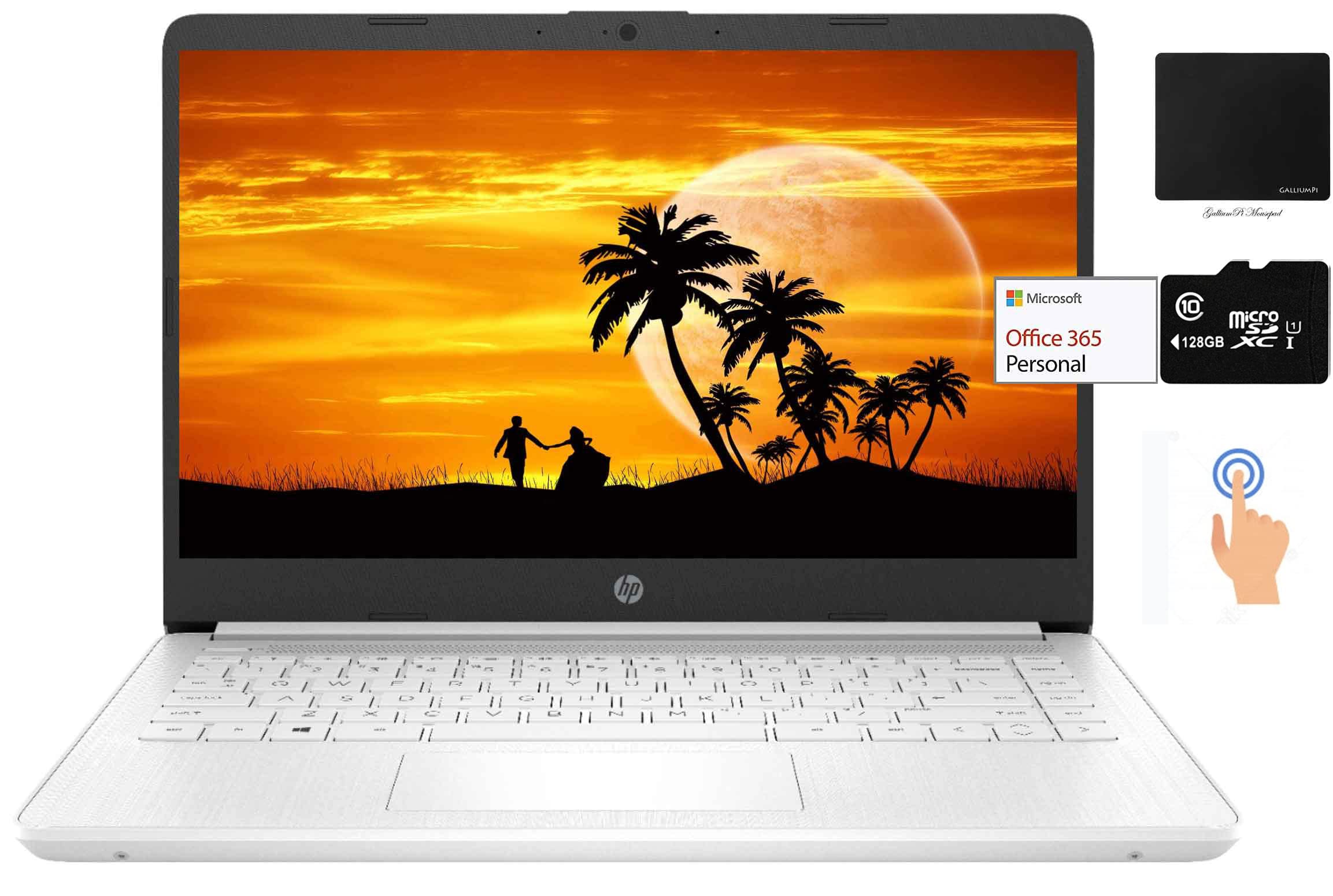 HP 14' Touchscreen Laptop, Intel Dual Core N4020, 16GB DDR4 RAM, 192GB Storage(64GB eMMC+128GB Micro SD), Webcam, 1Yr Office, Bundle with GalliumPi Mousepad (White)