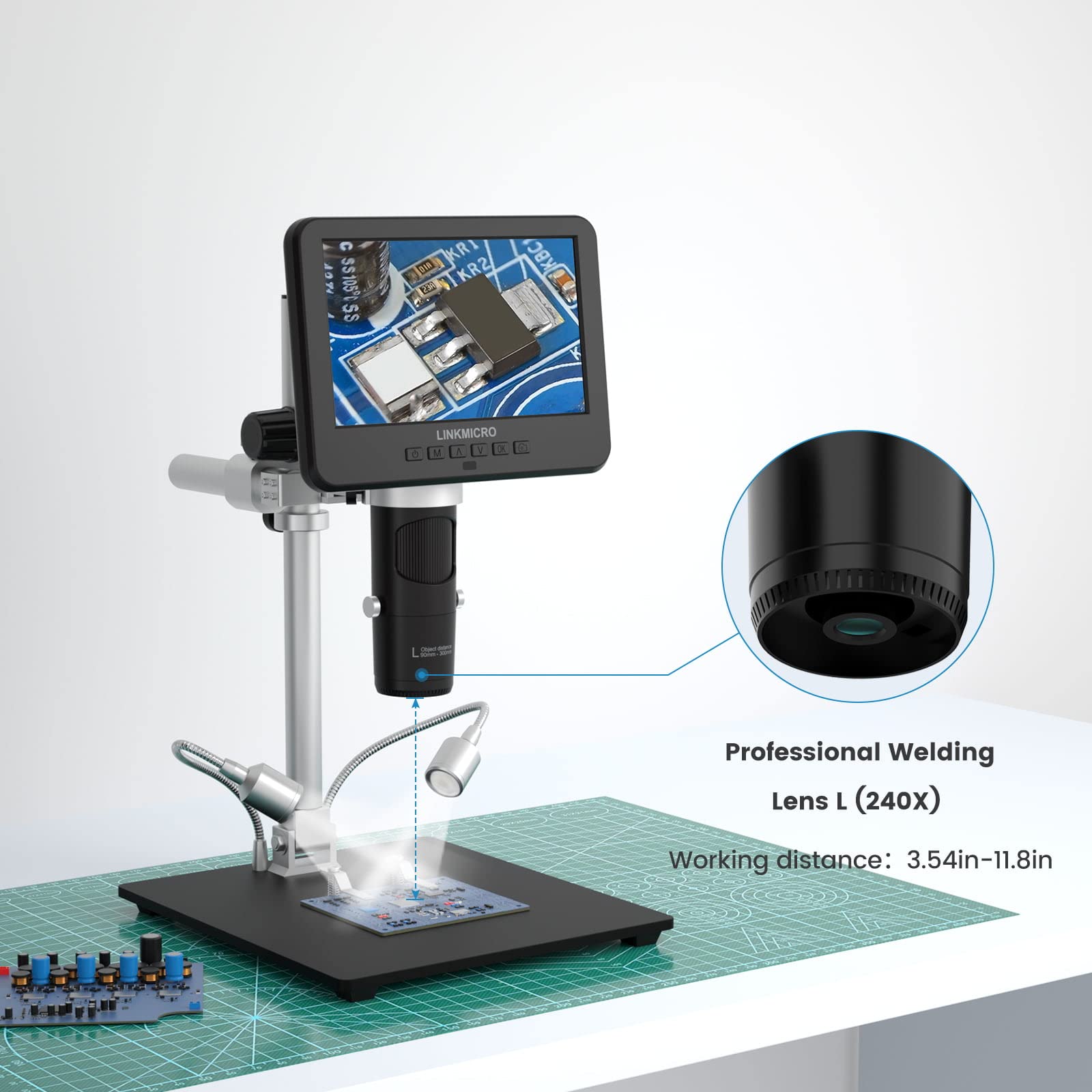 Linkmicro Lm246Ms 3 Lens 7 Inch Hdmi Digital Microscope 2000X For Soldering With 13'' Arm Boom Stand, Uhd 2160P, Error Coin Micr