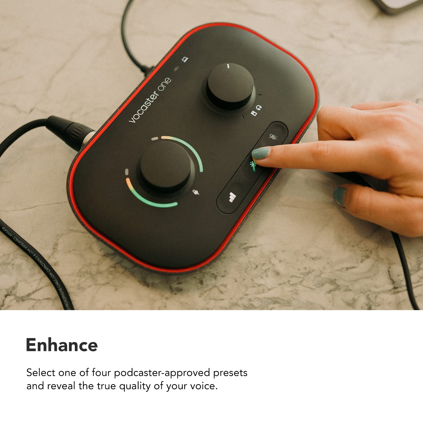 Focusrite Vocaster One   Podcasting Interface For Recording As A Solo Creator. Use Auto Gain, Enhance, And Mute For Easy Podcast